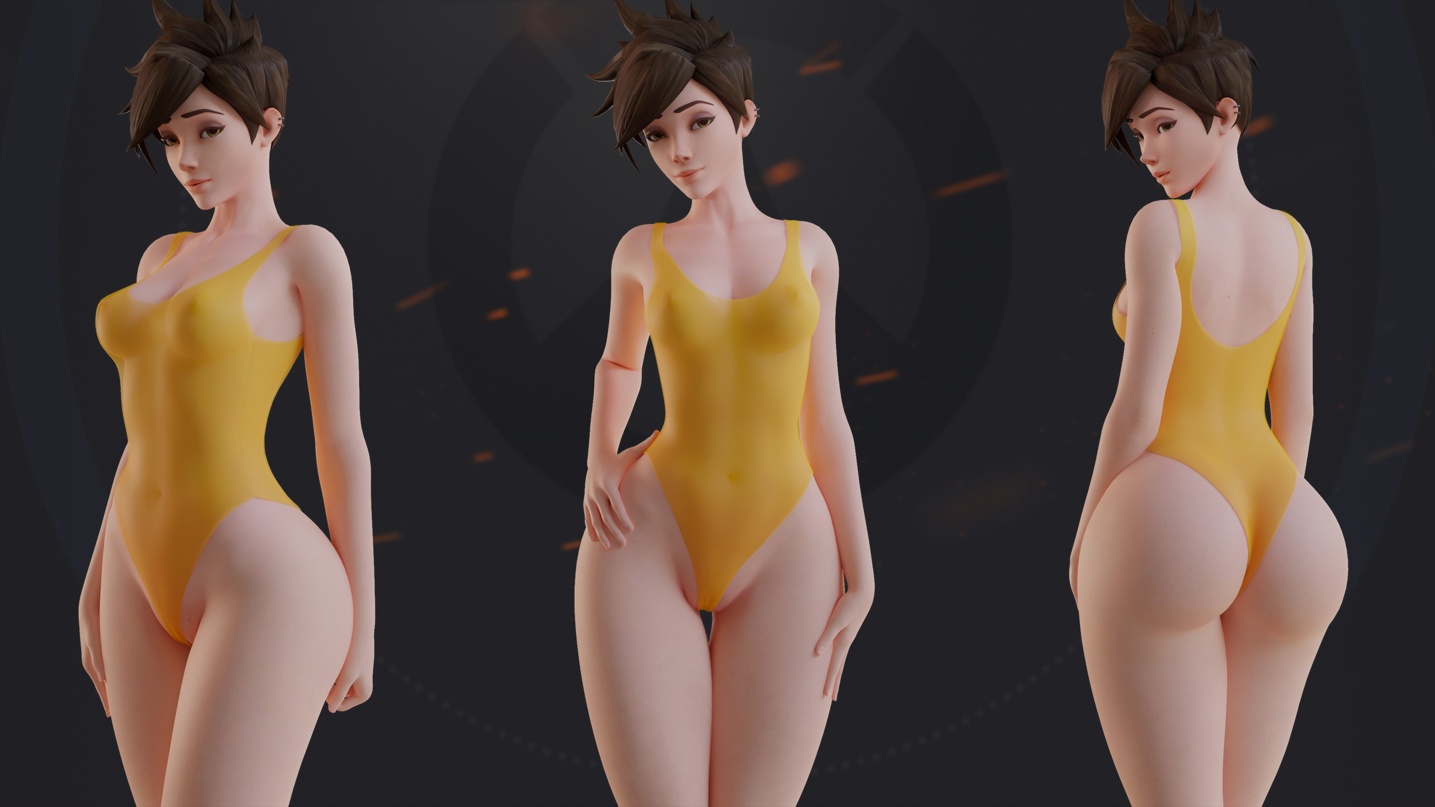 1girls, 3d, arhoangel, ass, big ass, blender, female, female only, looking at viewer, one-piece swimsuit, overwatch, solo, swimsuit, thick thighs, tracer, wide hips
