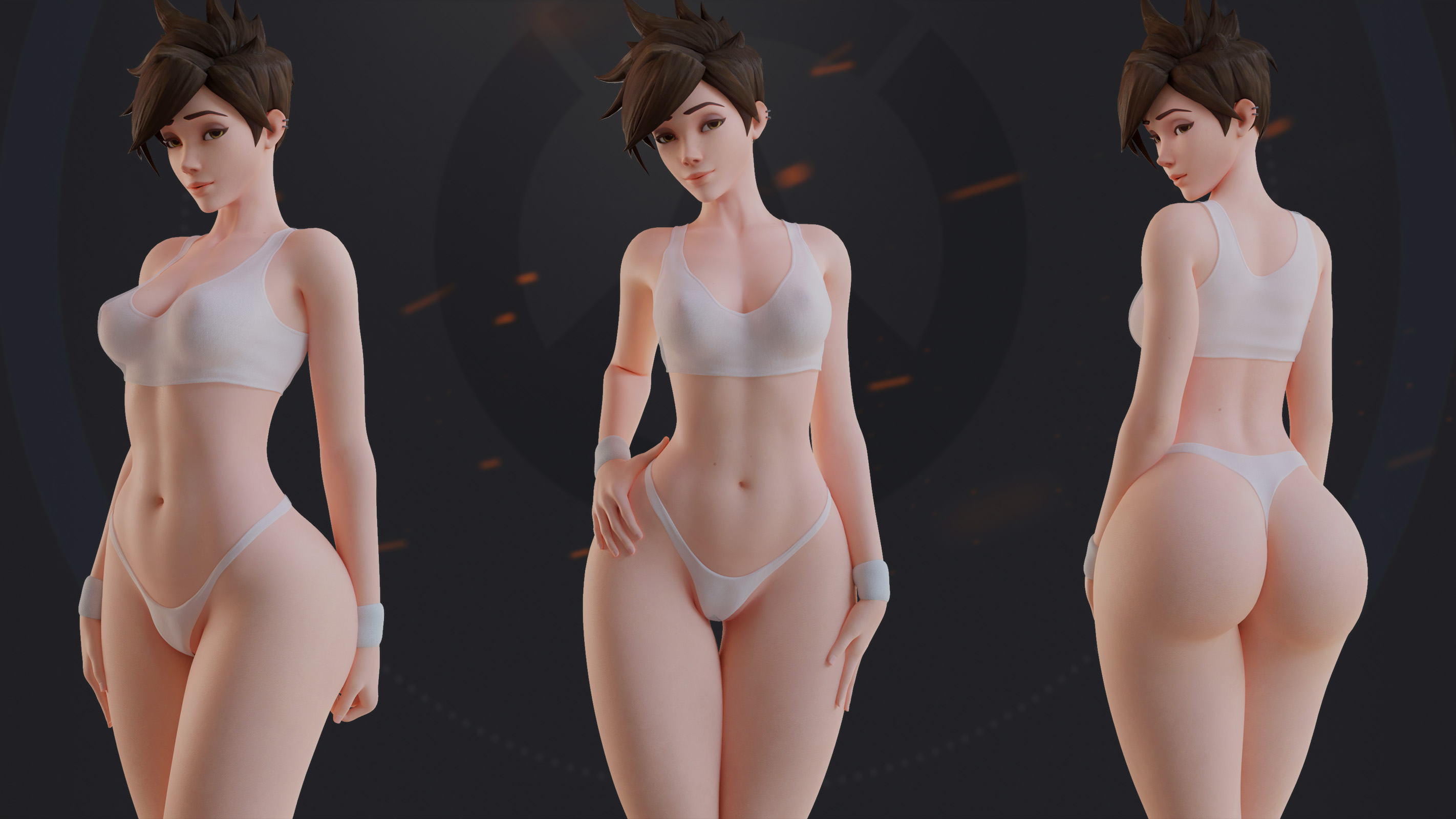 1girls, 3d, arhoangel, ass, big ass, blender, female, female only, looking at viewer, overwatch, solo, thick thighs, thong, tracer, wide hips