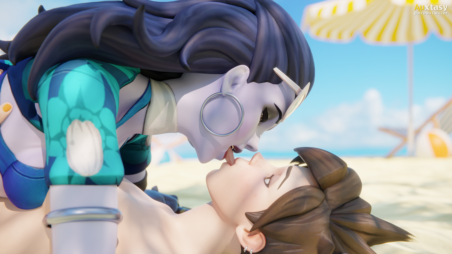 2girls, 3d, alternate costume, auxtasy, beach, blender, cote d'azur widowmaker, cuddling, eyewear on head, female, female only, fondling, glasses, glasses on head, holding, hoop earrings, kissing, lying on person, nail polish, nose to nose, overwatch, romantic, sunglasses, sunglasses on head, tracer, widowmaker, yuri