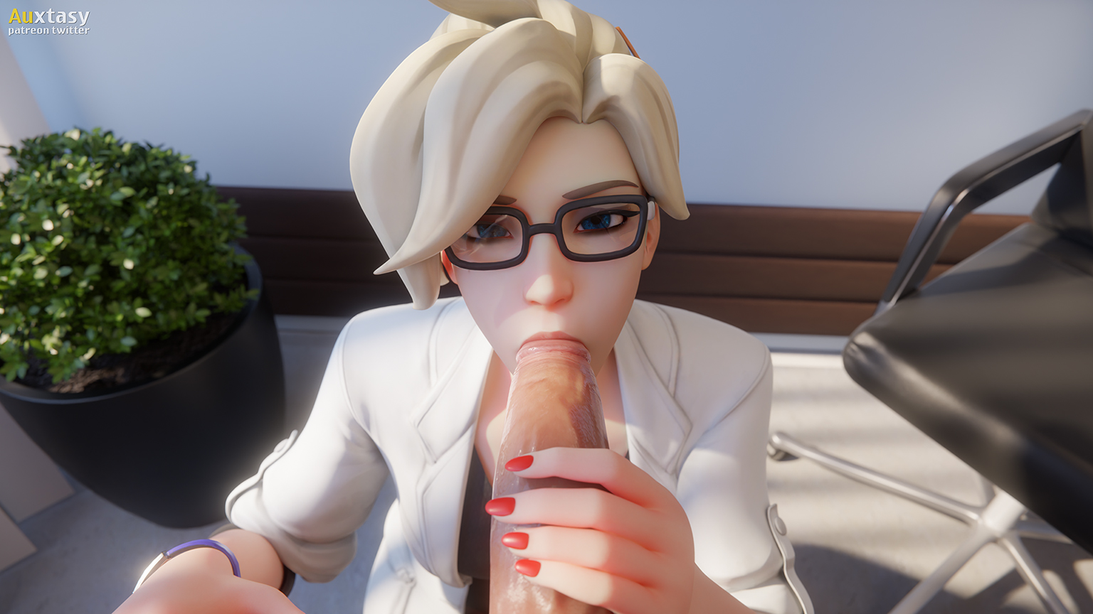 1girls, 3d, alternate costume, auxtasy, blender, blizzard entertainment, blonde hair, blowjob, blue eyes, cum in mouth, dr. ziegler, eye contact, eyeshadow, fellatio, female, glasses, light skin, looking at viewer, mercy, nail polish, nurse, nurse hat, nurse uniform, oral, oral sex, overwatch, pov, red nails, slim, tied hair, unprofessional behavior