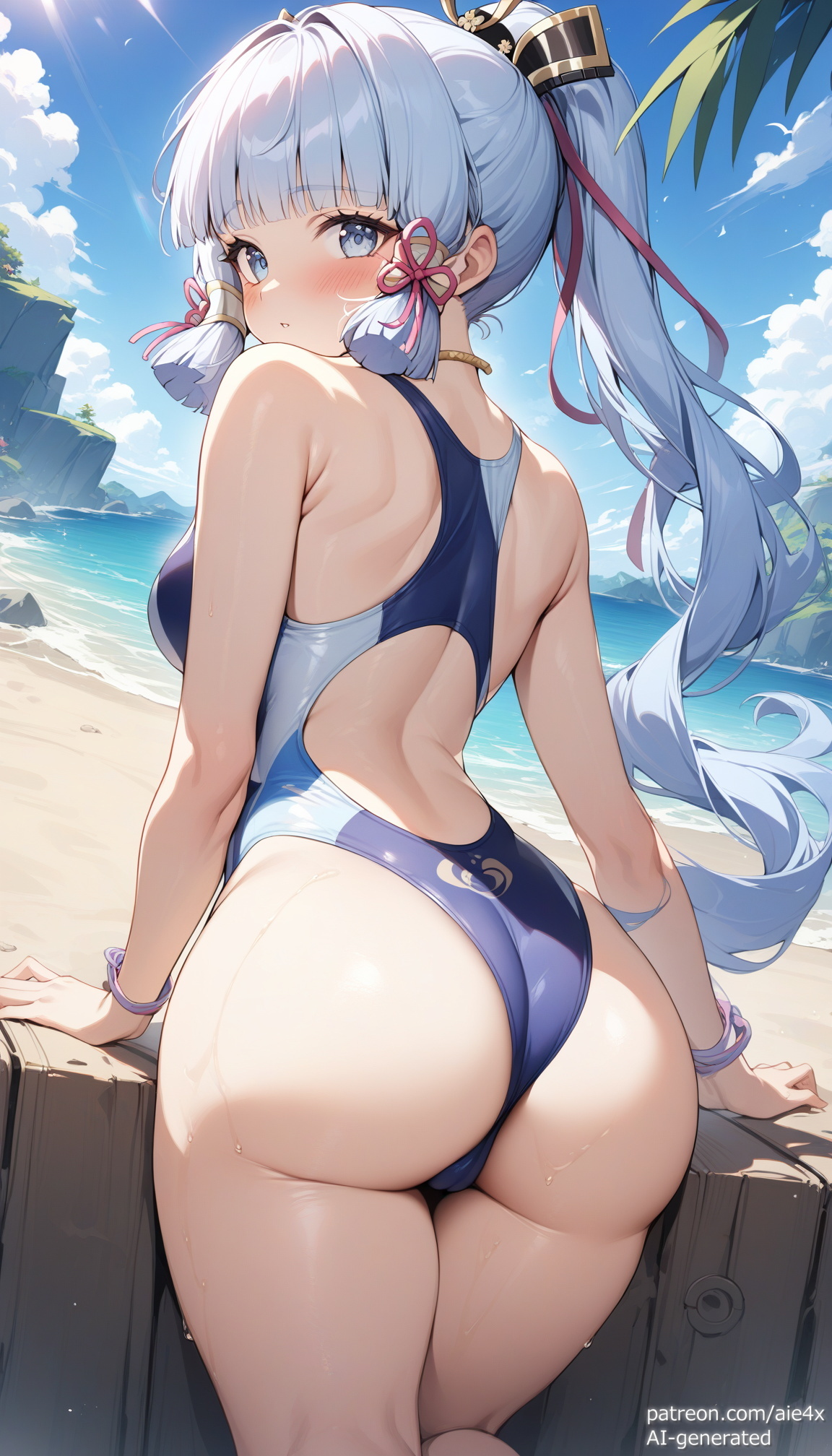 ai generated, aie4x, alternate costume, ass, ass crack, ass focus, bare shoulders, big ass, big butt, bikini, blush, breasts, butt crack, female, from behind, genshin impact, hair ornament, huge ass, kamisato ayaka, long hair, looking at viewer, lying, medium breasts, on stomach, parted lips, ponytail, shiny, shiny hair, shiny skin, sideboob, silver eyes, silver hair, smile, solo, swimsuit, very long hair