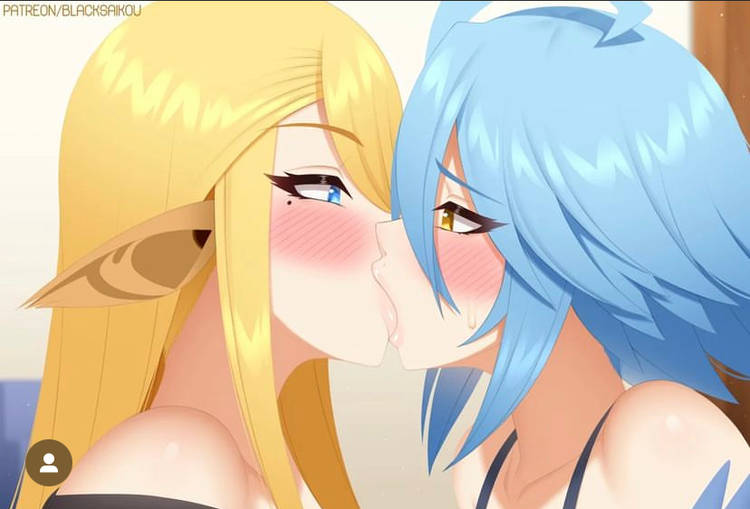 2d 2girls amber_eyes beauty_mark bird_girl blacksaikou blonde_hair blue_eyes blue_hair blush centaur centaur_girl centorea's_mother clothed clothing kissing monster_girl monster_musume_no_iru_nichijou multiple_girls older_female papi_(monster_musume) tongue_kiss younger_female yuri