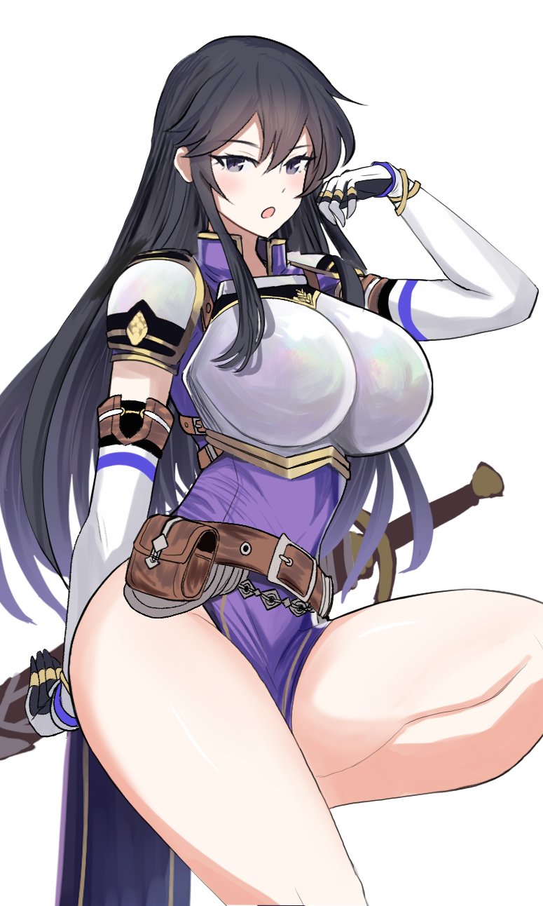 1girls :o armor ayra_(fire_emblem) bare_thighs belt belt_buckle black_eyes black_hair breastplate breasts brown_belt buckle commentary desspie detached_sleeves dress english_commentary female female_only fire_emblem fire_emblem:_genealogy_of_the_holy_war hair_between_eyes highres large_breasts long_hair open_mouth pauldrons pelvic_curtain purple_dress shoulder_armor sidelocks simple_background solo sword thick_thighs thighs very_long_hair weapon white_background