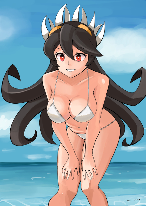 1girls bent_over bikini black_hair breasts cloud cowboy_shot female filia_(skullgirls) hands_on_own_knees long_hair navel ocean red_eyes samson_(skullgirls) skullgirls smile solo swimsuit water yellow_eyes