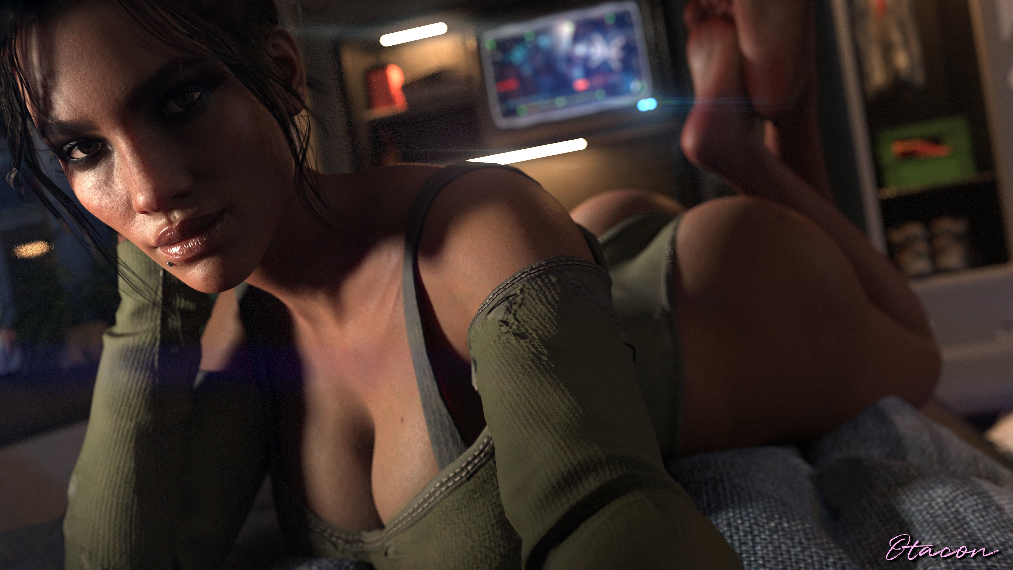 1girls, 3d, ass, bed, big ass, big breasts, breasts, cd projekt red, cleavage, cyberpunk 2077, female, female only, freckles, large breasts, laying on bed, laying on stomach, looking at viewer, lying, otacon212, panam palmer, piercing, pov, solo, solo female, tan skin, tan-skinned female, thick thighs, wide hips