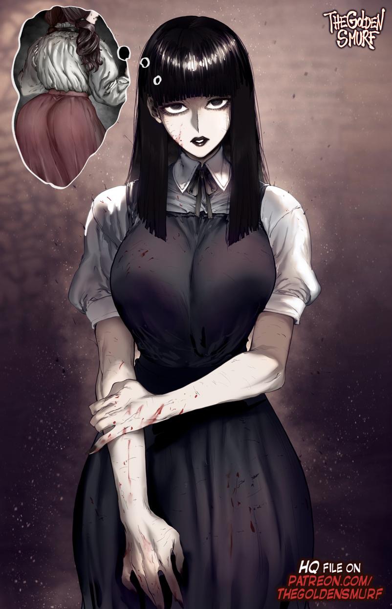 1girls, 2025, 2d, 2d (artwork), 2girls, artist name, ass, big breasts, black eyes, black hair, black lipstick, black makeup, blood, breasts, bubble ass, bubble butt, fat ass, fear and hunger, fear and hunger: termina, female, fully clothed, goth, goth girl, gothic, huge ass, huge breasts, huge butt, human, human female, human only, imagining, large breasts, light skin, light-skinned female, long hair, looking at viewer, marina (fear and hunger), no sex, pale skin, pale-skinned female, patreon username, pinup, questionable, samarie (fear and hunger), school uniform, standing, staring, staring at viewer, thegoldensmurf, thick ass, thought bubble, thunder thighs, thunderthighs, trans woman, transfem, video game character, well endowed, wide hips