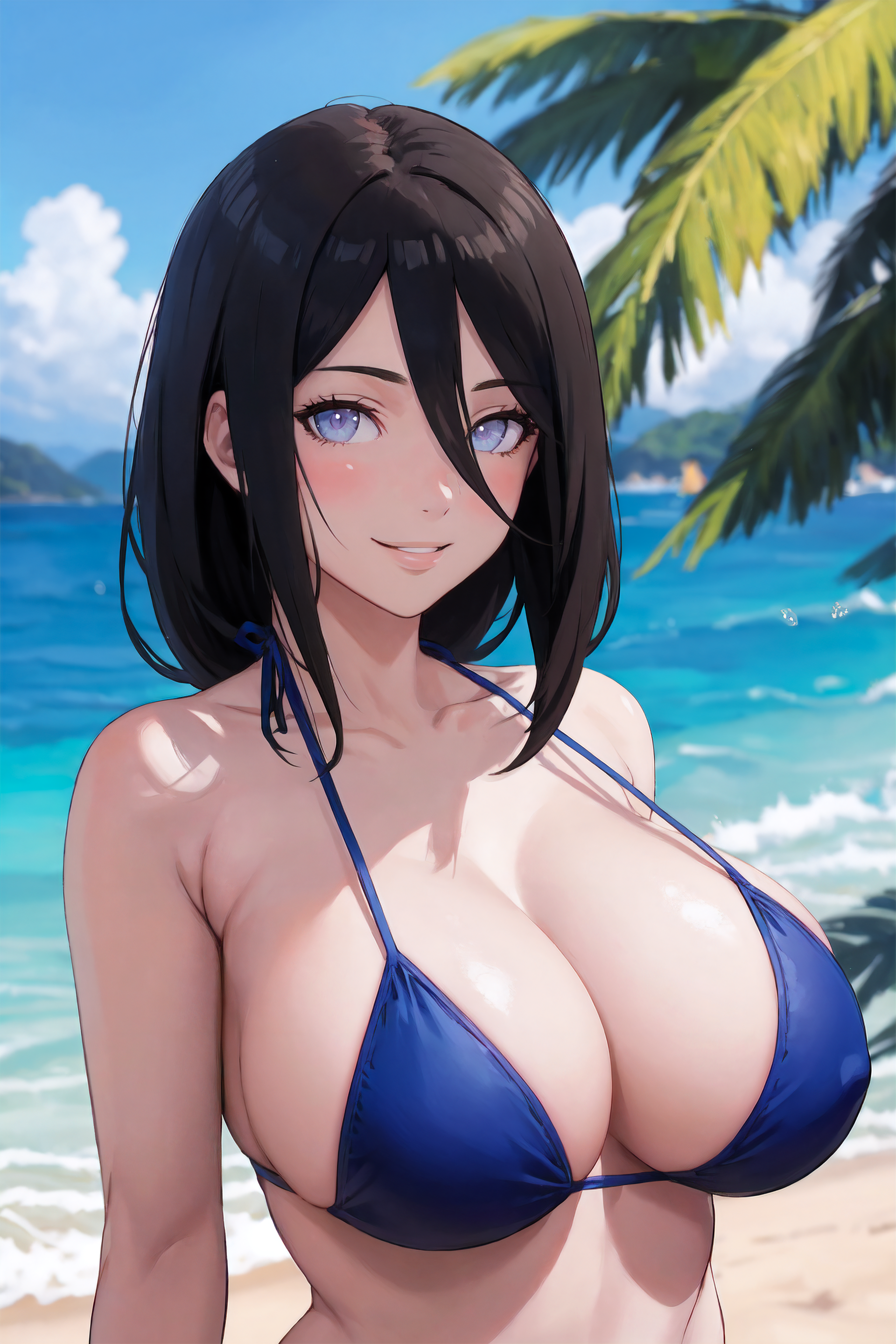 1girls, ai generated, arms at sides, bare midriff, bare shoulders, beach, big breasts, bikini, bikini bottom, bikini top, boruto: naruto next generations, breasts, breasts bigger than head, brown hair, cleavage, female, hair between eyes, huge breasts, hyuuga hanabi, large breasts, light skin, light-skinned female, looking at viewer, lxlbanner, nai diffusion, naruto, naruto (series), ocean, outdoors, palm tree, ponytail, sagging breasts, sand, seaside, side-tie bikini, side-tie bikini bottom, smile, stable diffusion, swimsuit, tied hair, top heavy, top heavy breasts, tree, upper body, very long hair, violet eyes, water