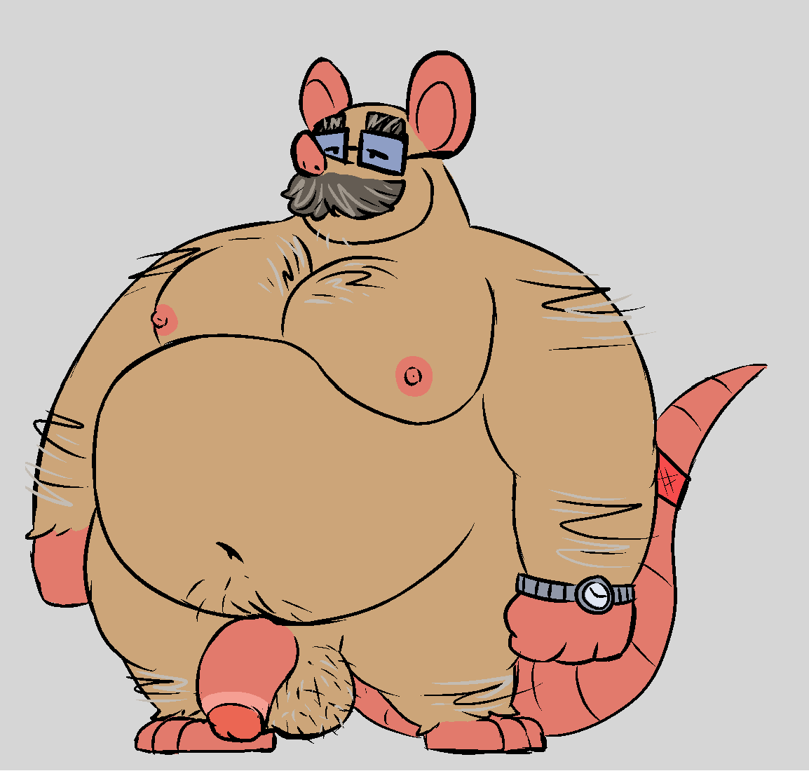 2024 anthro balls belly big_belly charmcharmcharm eyewear facial_hair genitals glasses male mammal mature_male moobs moustache murid murine navel nipples overweight overweight_male penis rat rodent simple_background solo