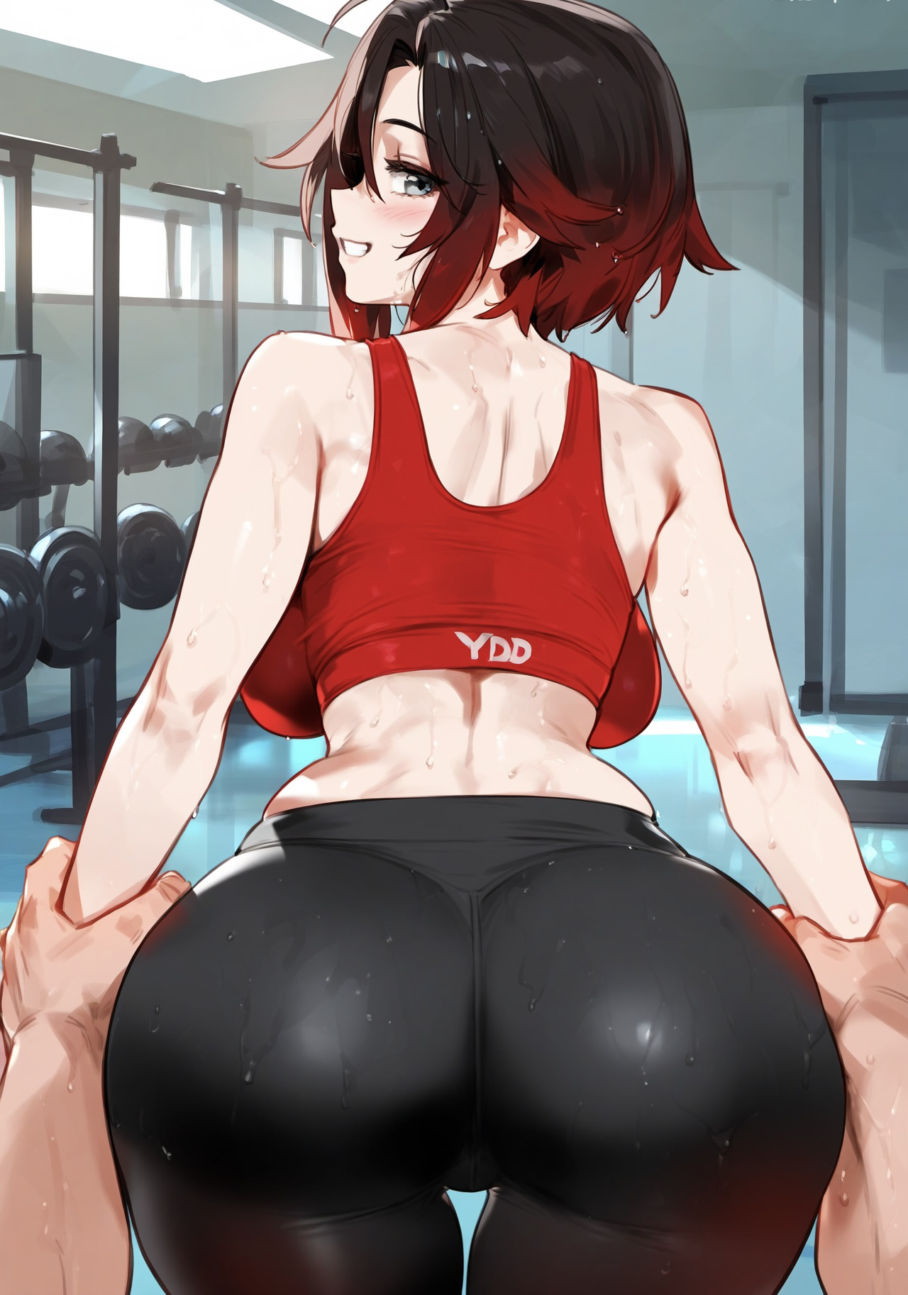 1boy, 1girls, ai generated, arm grab, ass, black hair, breasts, female, female focus, gym, gym clothes, gym uniform, large ass, large breasts, looking at viewer, looking back, male, male pov, multicolored hair, red hair, ruby rose, rwby, silver eyes, thighs, truck kun, wide hips