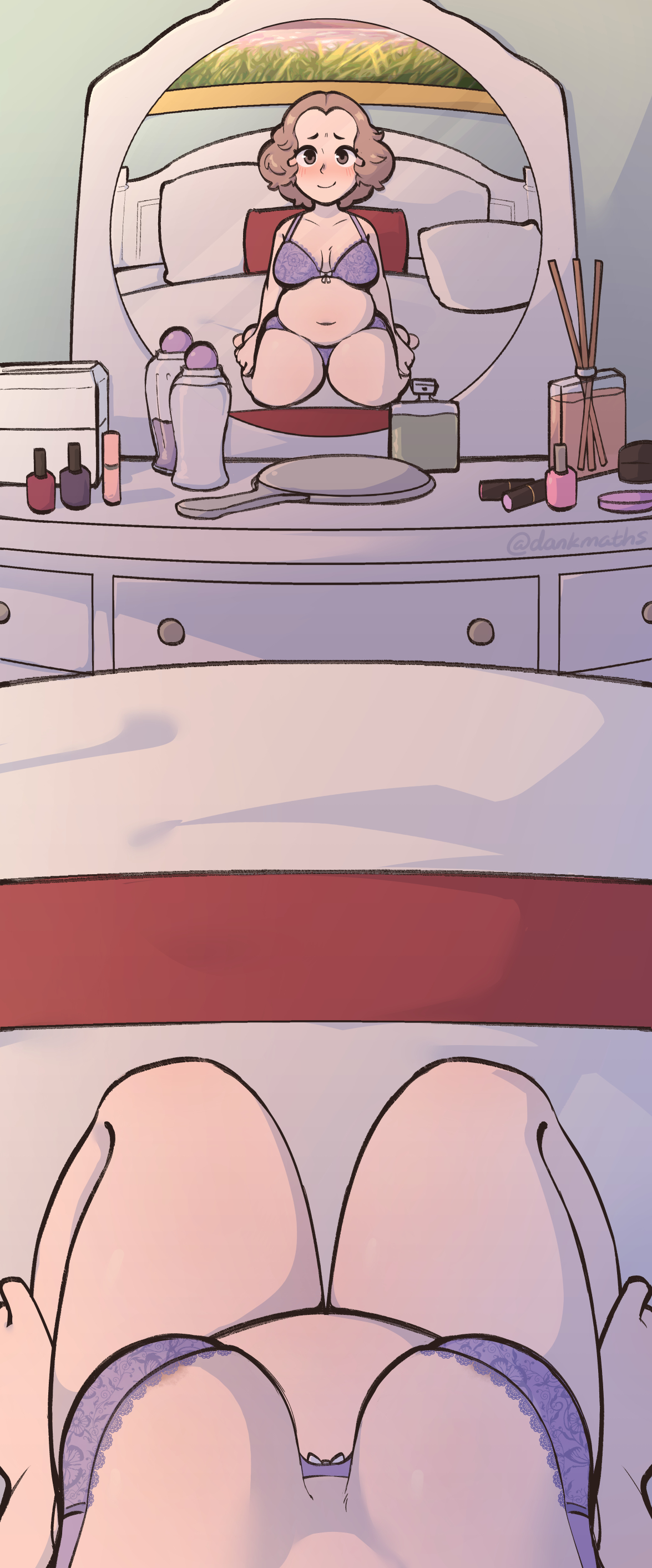 atlus, blush, boobs, bow, bow bra, bra, breasts, brown hair, chubby, dankmaths, female, female pov, haru okumura, lingerie, mirror, panties, persona, persona 5, pov