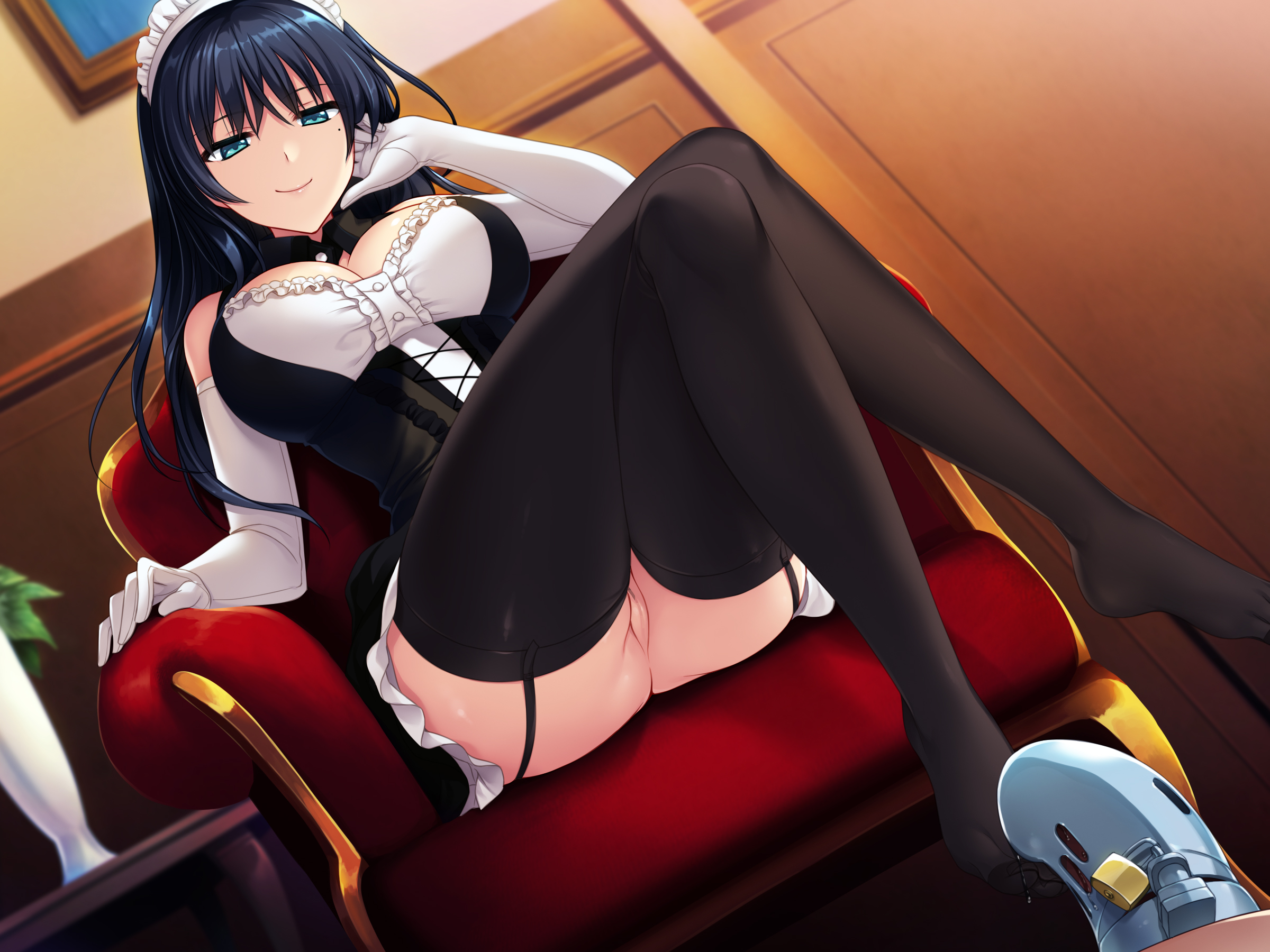 1boy, 1girls, beauty mark, big breasts, black hair, black legwear, black thighhighs, blue eyes, blue hair, breasts, chair, chastity, chastity cage, circletakosu, cleavage, dominant female, domination, dress, feet, female, female domination, femdom, footjob, footjob with legwear, garter belt, gloves, green eyes, highres, large breasts, legs crossed, lock, long hair, looking down, maid, maid headdress, maid uniform, male, malesub, mole, no panties, out of frame, penis, penis cage, precum, precum drip, pussy, sitting, smile, tagme, tease, teasing, thighhighs, wide hips