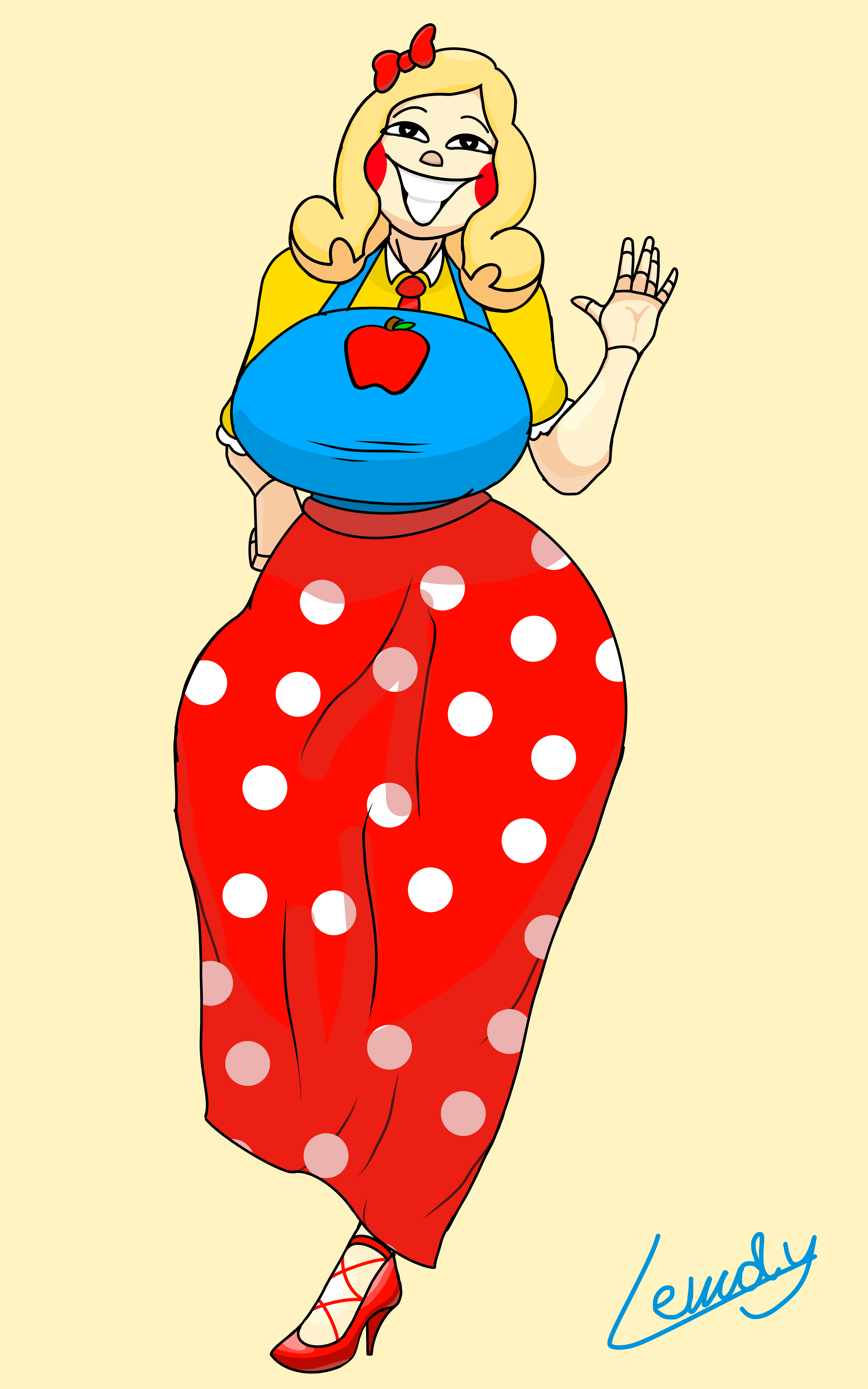2024, 2d, 2d (artwork), 2d artwork, apple, big, big breasts, blonde hair, blush, bowtie, breasts, doll, doll joints, female, heart-shaped pupils, high heels, lewdy, miss delight, mob entertainment, overalls, polka dot, poppy playtime, poppy playtime (chapter 3), red dress, self upload, smiling, smiling at viewer, solo, standing on one leg, teacher, thick thighs, tie, toy, waving, waving at viewer, yellow dress
