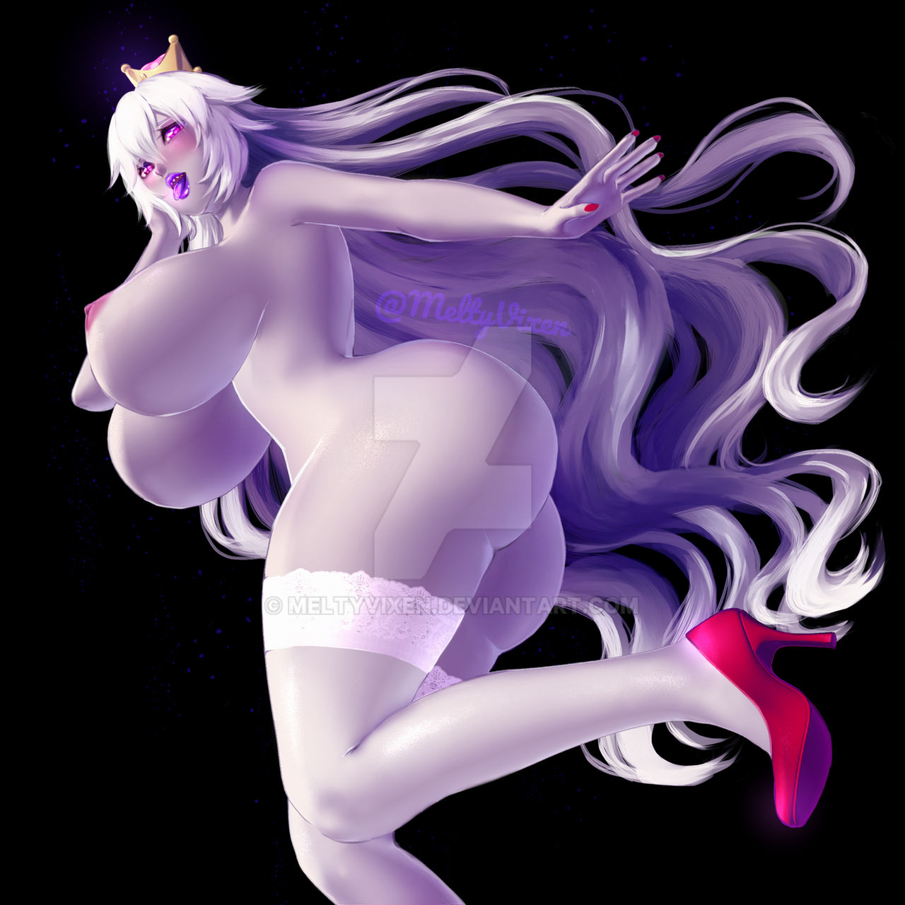 1girls, ass, big ass, big breasts, big butt, big thighs, black background, blush, boosette, breasts, bubble ass, bubble butt, crown, curvy, female, female only, hair between eyes, heels, high heels, lips, lipstick, long hair, mario (series), meltyvixen, nail polish, naked, naked footwear, naked heels, naked stockings, naked thighhighs, new super mario bros. u deluxe, nintendo, nipples, nude, pink eyes, pink heels, pink high heels, pink nail polish, pink nails, pink nipples, purple lipstick, purple tongue, solo, solo female, stockings, super crown, thick, thick ass, thick butt, thick hips, thick thighs, thighhighs, thighs, tongue, tongue out, very long hair, wavy hair, white hair, white stockings, white thighhighs, wide hips