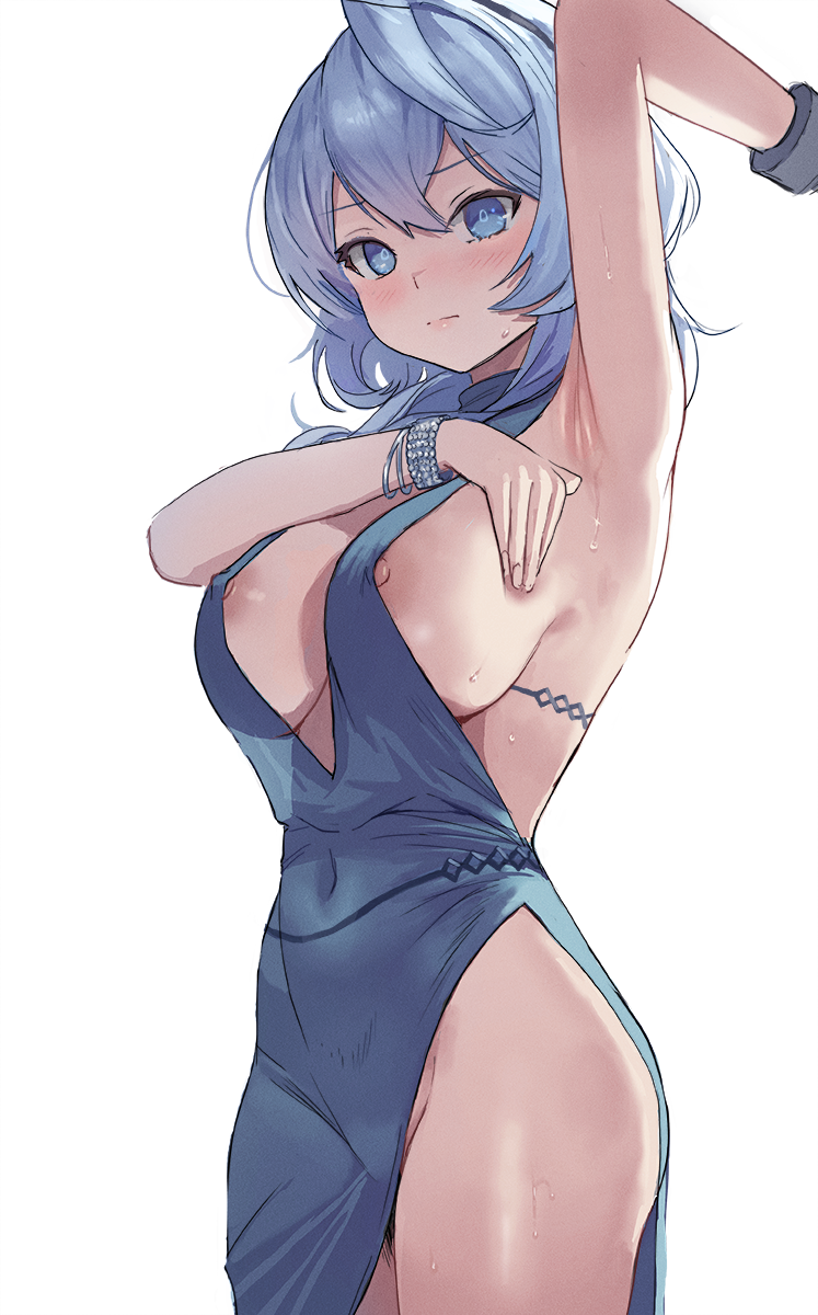 1girls ako_(blue_archive) ako_(dress)_(blue_archive) anime_style arm_up armpit_focus armpits blue_archive blue_hair breasts digital_art digital_drawing_(artwork) digital_media_(artwork) digital_painting_(artwork) dress explicit female girl looking_at_viewer nipple_slip nipples nipples_covered nipples_visible_through_clothing no_bra no_panties partially_clothed solo sweat tagme transparent_clothing uncensored white_background zefra_bleu