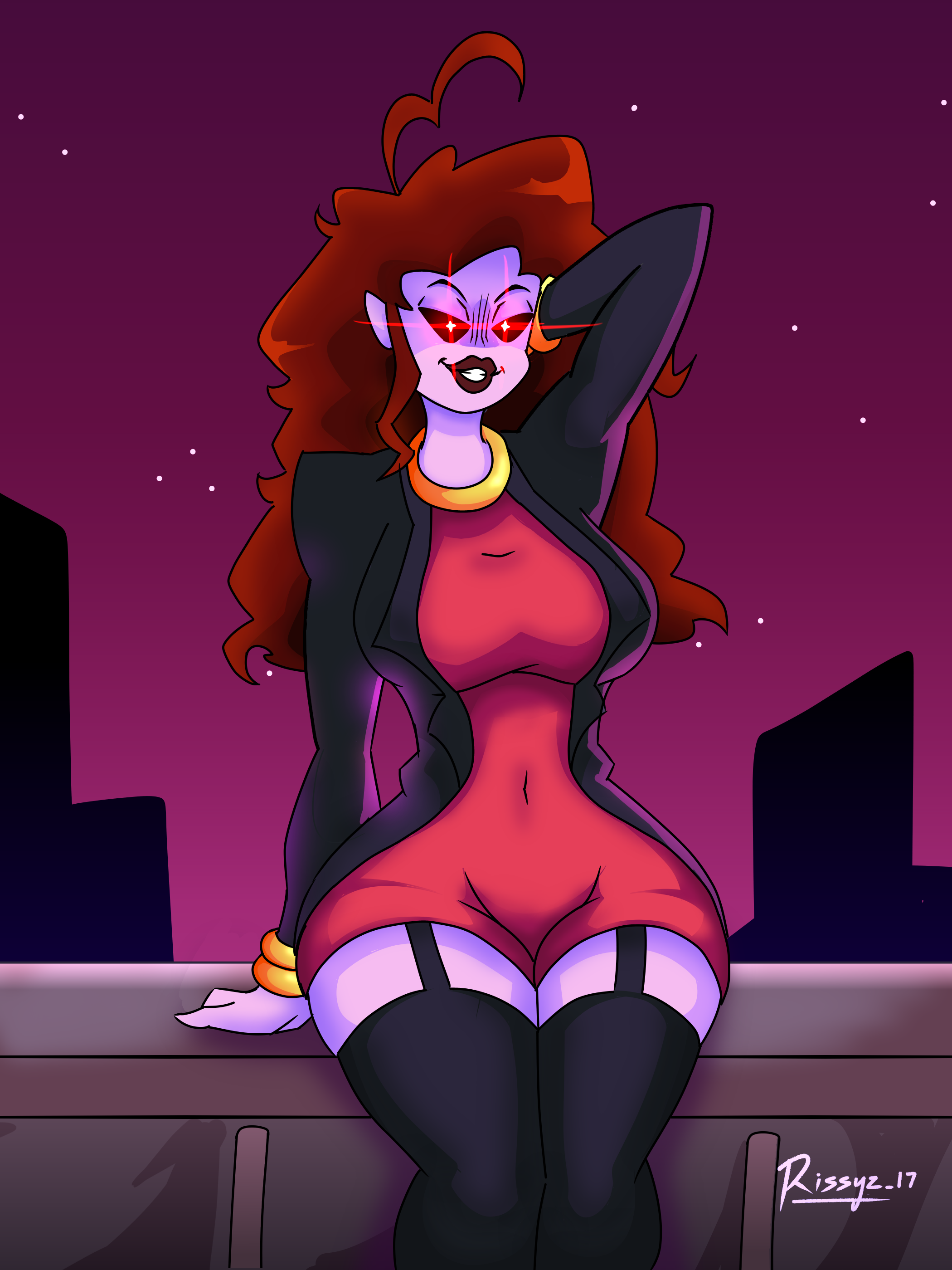 arm up, black jacket, bracelet, brown hair, brunette, demon, demon girl, female, female only, friday night funkin, fully clothed, imminent sex, mature female, milf, mommy mearest, purple skin, rissyz17, thick thighs