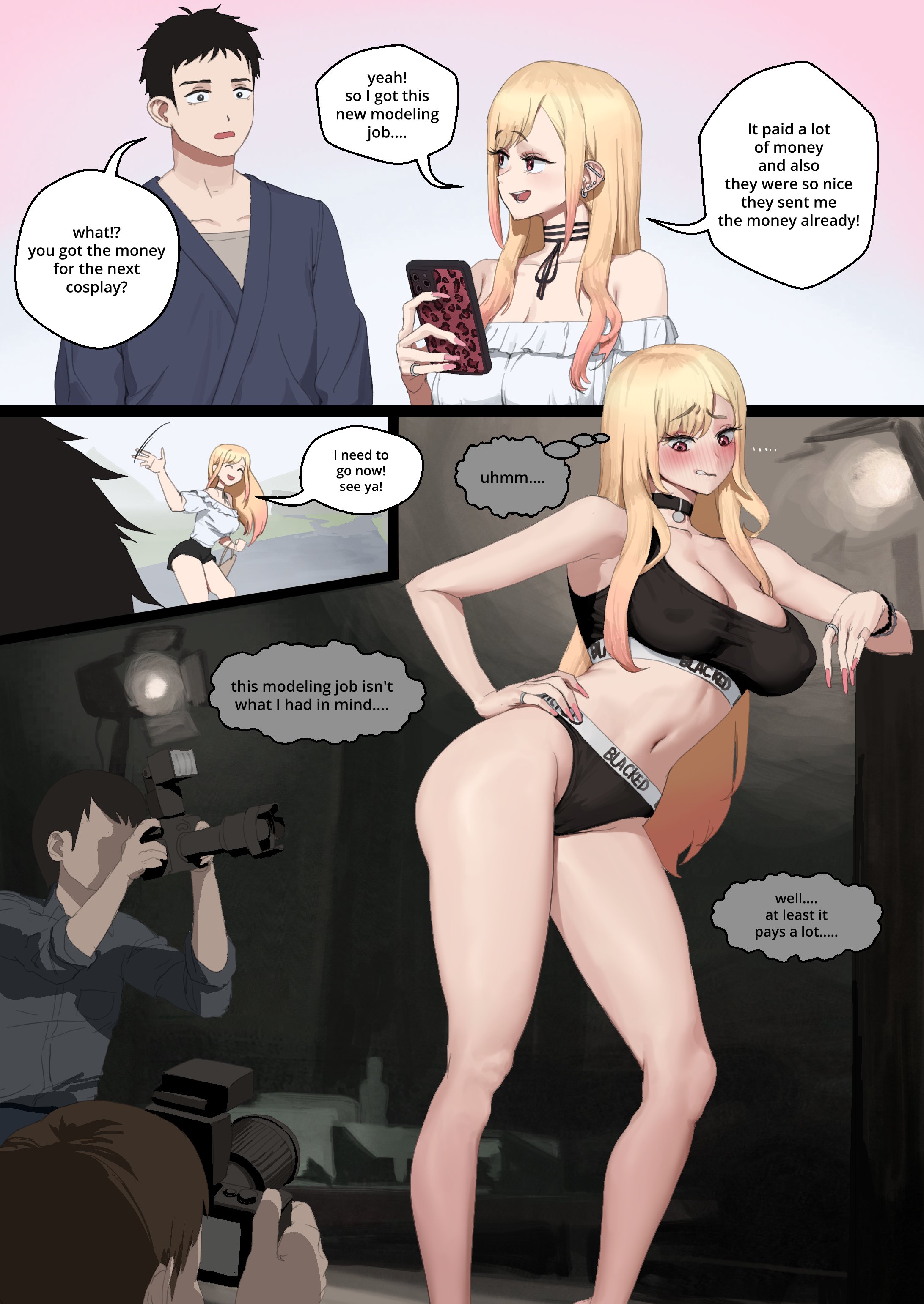 big breasts, black hair, blacked clothing, blonde hair, blush, color, cuckold, dialogue, english text, frills, gojou wakana, kitagawa marin, light skin, modeling, my dress up darling, netorare, red eyes, sono bisque doll wa koi wo suru, text, thick thighs, thinking, twitter link, wjs07