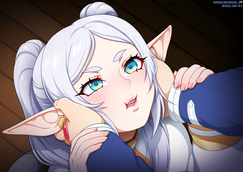 1boy 1boy1girl 1girls aroused big_ears blue_eyes blush cheek_squish clothed_sex ear_grab ear_jewelry ear_piercing earring earrings elf elf_ears elf_female elf_girl embarrassed female female_elf frieren hand_on_another's_head hand_on_head hands_on_another's_head hands_on_head head_grab himmel_(sousou_no_frieren) jewelry light-skinned_female long_ears male male_human/female_elf neocoill pale-skinned_female pointy_ears sousou_no_frieren twintails variant variant_set white_hair