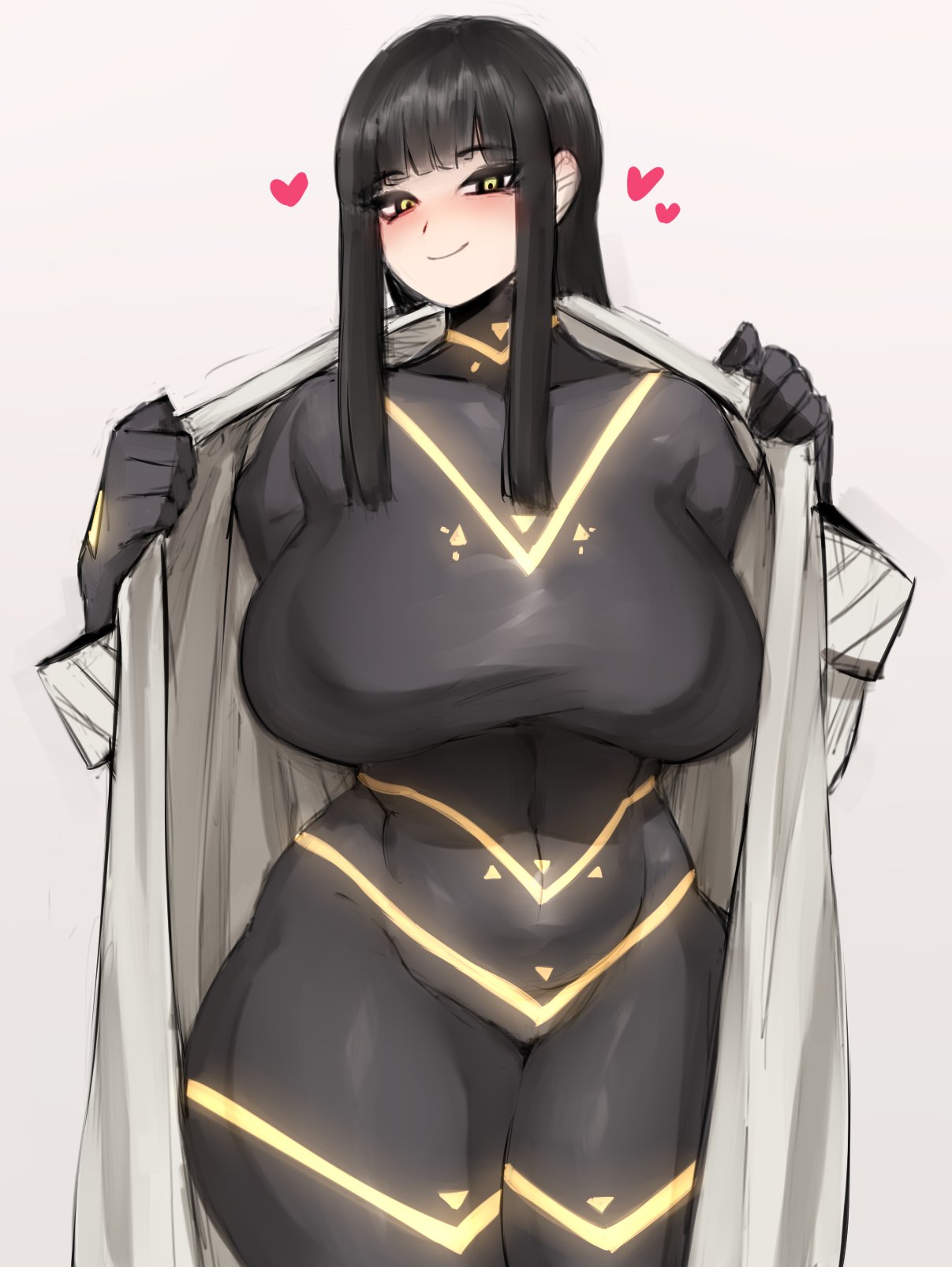 black_bodysuit bodysuit breasts cesara_(limbus_company) dravisdraws flashing heart highres lab_coat large_breasts limbus_company narrow_waist opened_by_self presenting_breasts project_moon skin_tight turtleneck turtleneck_bodysuit wide_hips yellow_eyes