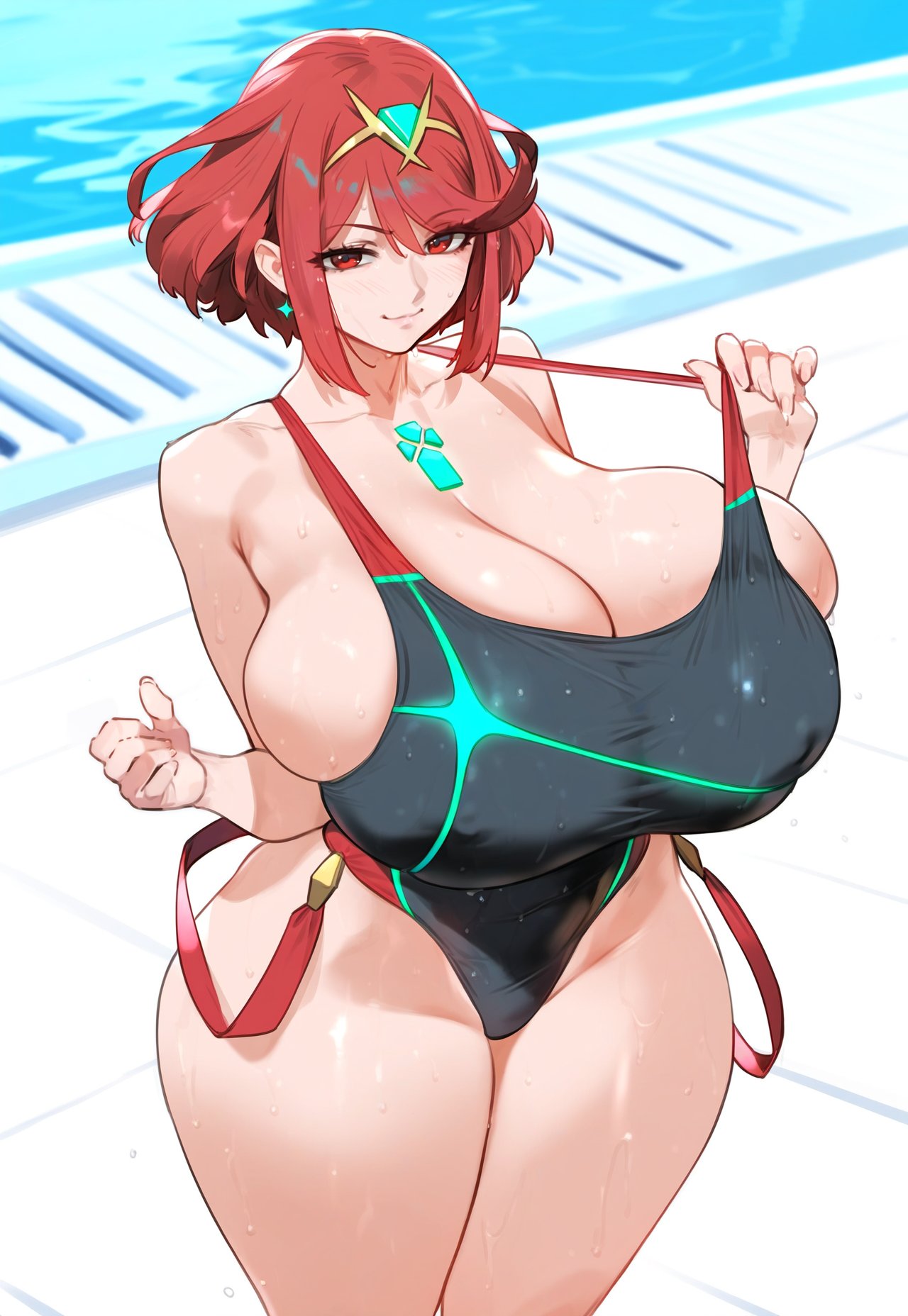 1girls, 2d, ai generated, breasts, female, female only, huge breasts, large breasts, light skin, light-skinned female, looking at viewer, lucyla, one-piece swimsuit, pale skin, pale-skinned female, pyra, red eyes, red hair, solo, stable diffusion, swimsuit, thighs, wide hips, xenoblade (series), xenoblade chronicles 2
