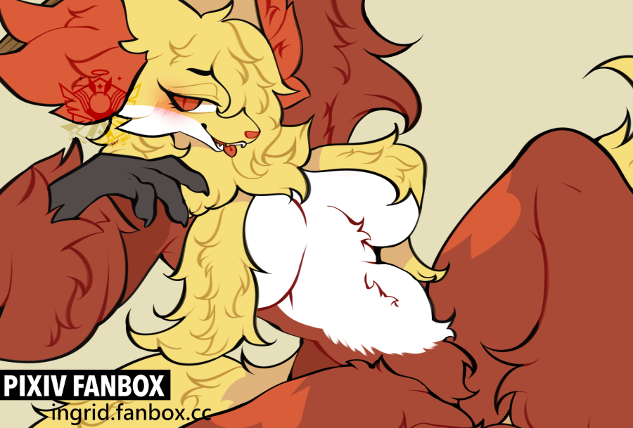 1girls 2d anthro breasts delphox english_text female female_focus female_only female_pokemon fluffy fox fox_ears fox_girl furry inner_ear_fluff inner_sideboob large_breasts long_eyelashes looking_at_viewer milf multicolored_body multicolored_fur nintendo one_eye_obstructed orange_eyes pokémon_(species) pokemon pokemon_xy seductive_eyes seductive_pose sharp_teeth snow_angel_(artist) solo spread_legs tan_background text thick_thighs thin_waist tongue tongue_out underboob witch yellow_hair