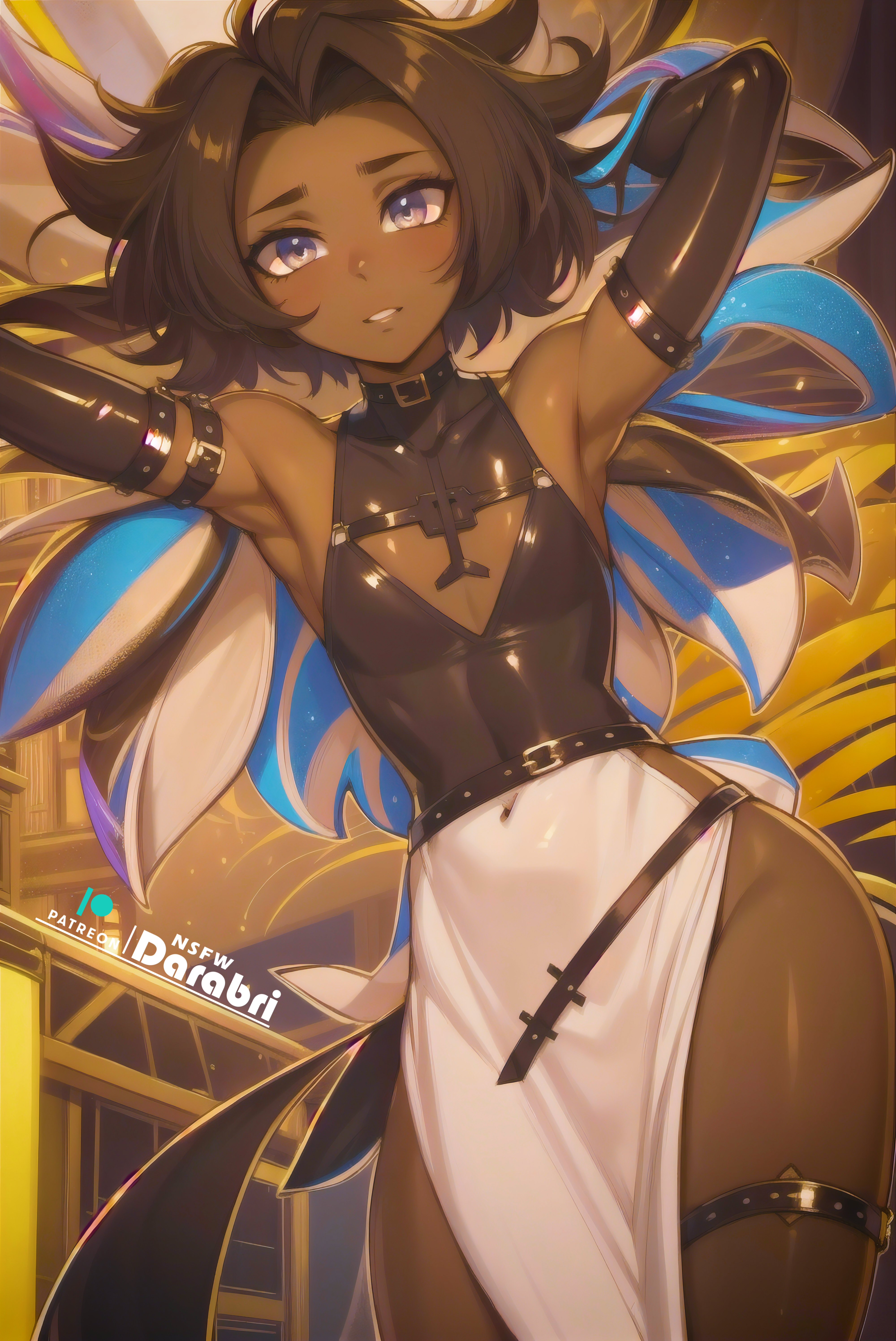 1boy, abstract background, absurd res, ai generated, armpits, arms behind head, arms up, blush, brown eyes, brown hair, cleavage, color, cute, cute male, darabri, dark skin, dark-skinned femboy, dark-skinned male, detached sleeves, detailed, femboy, feminine male, girly, logo, long hair, male, male only, otoko no ko, outline, patreon, patreon logo, pov eye contact, shoulders, tagme, teeth showing, thick thighs, tight clothing, tight fit, trap