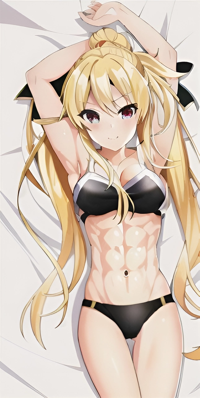 abs ai_generated blonde_hair fate_testarossa female lying_on_bed lyrical_nanoha midriff muscular_female navel red_eyes underwear