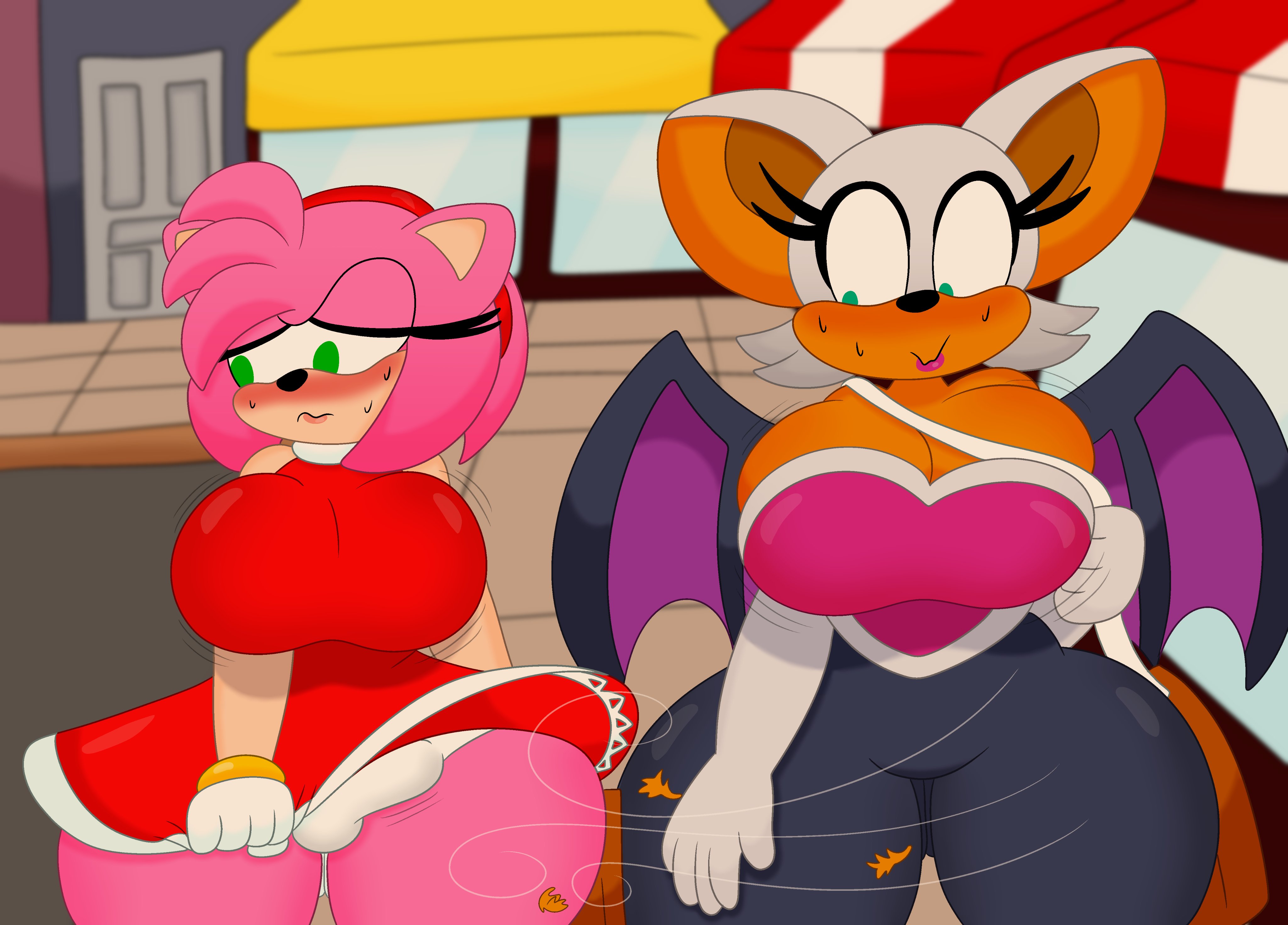 1futa, 2020, 2girls, 3barts, 5 fingers, amy rose, ass, big ass, big breasts, boner, boner in pants, boner under clothes, breasts, erection under clothes, erection under clothing, female, futanari, green eyes, imminent sex, intersex, mobian (species), mobian bat, mobian hedgehog, rouge the bat, sonic (series), sonic the hedgehog (series), tagme, teal eyes, tenting, thick thighs, upskirt, wind lift, windy dress