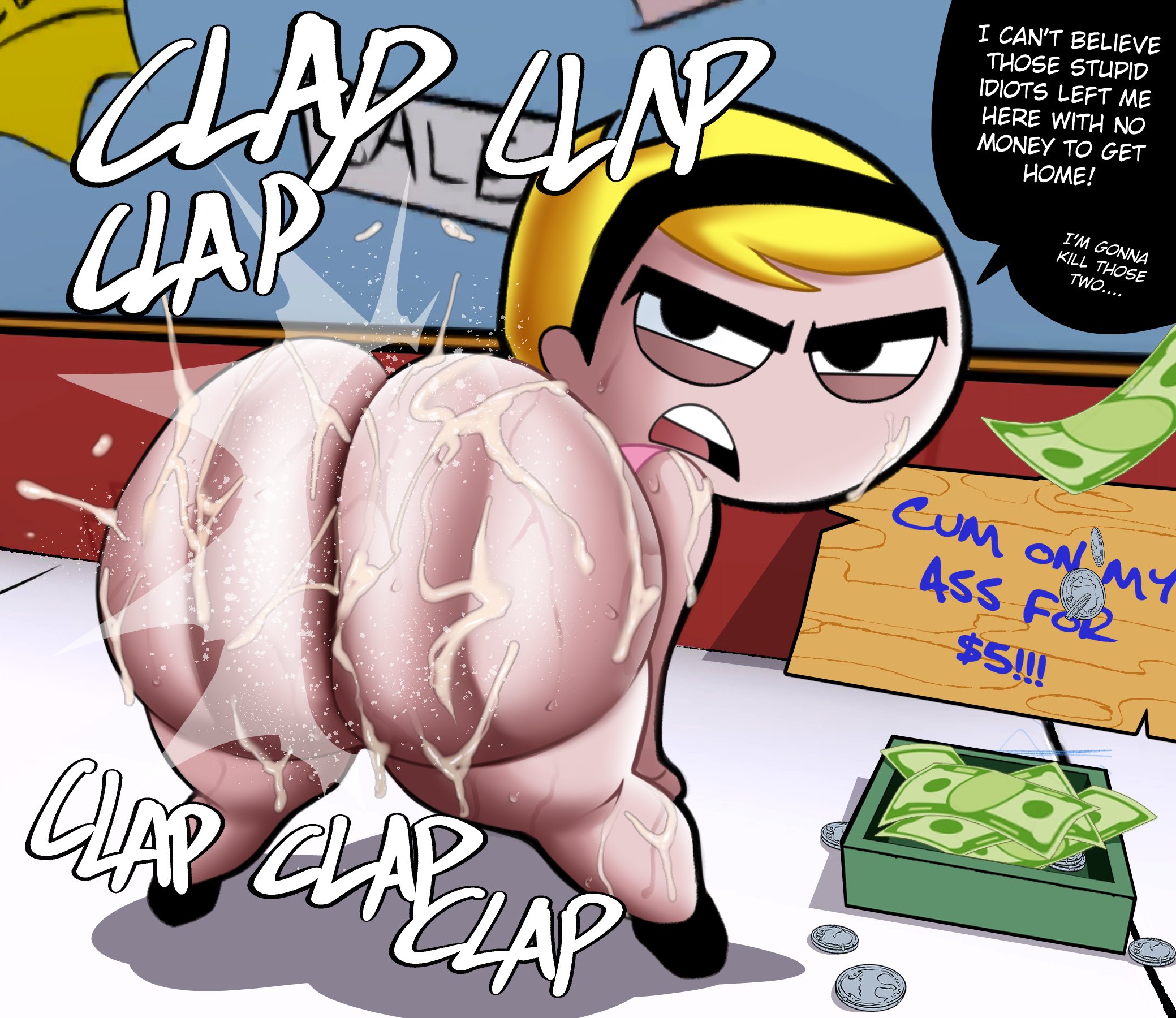 aged up, angry, angry face, ass, blonde hair, clapping cheeks, cum, cum on ass, cum on body, doompypomp, female, huge ass, mandy (billy and mandy), prostitution, shortstack, text, the grim adventures of billy and mandy, twerking