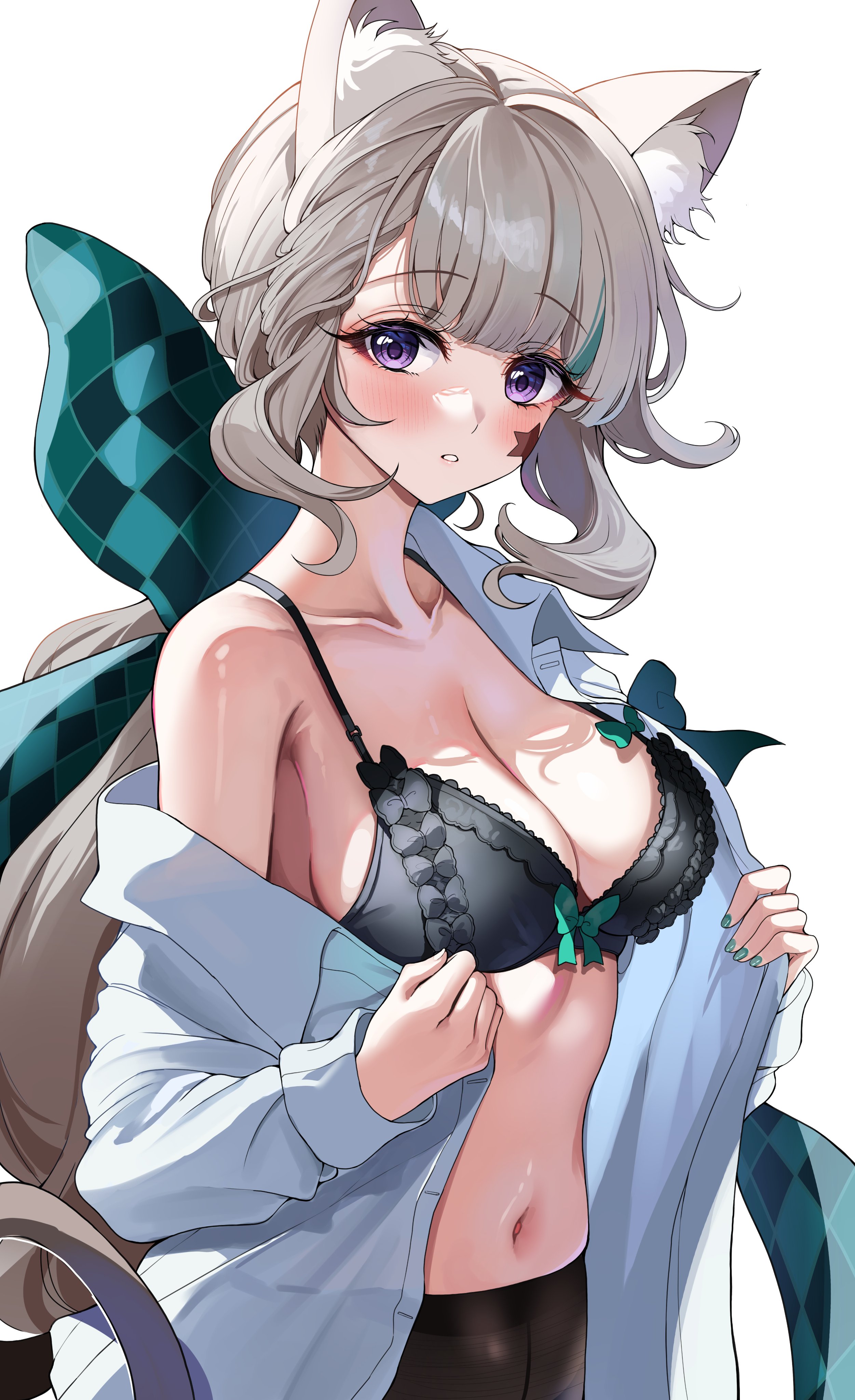 1girls, animal ears, animal humanoid, anime, anime style, belly, black bra, blush, bra, breasts, cat girl, cat humanoid, cat tail, catgirl, cleavage, eye contact, female, genshin impact, grey hair, hair ribbon, looking at viewer, lynette (genshin impact), medium breasts, pantyhose, purple eyes, solo, undressing