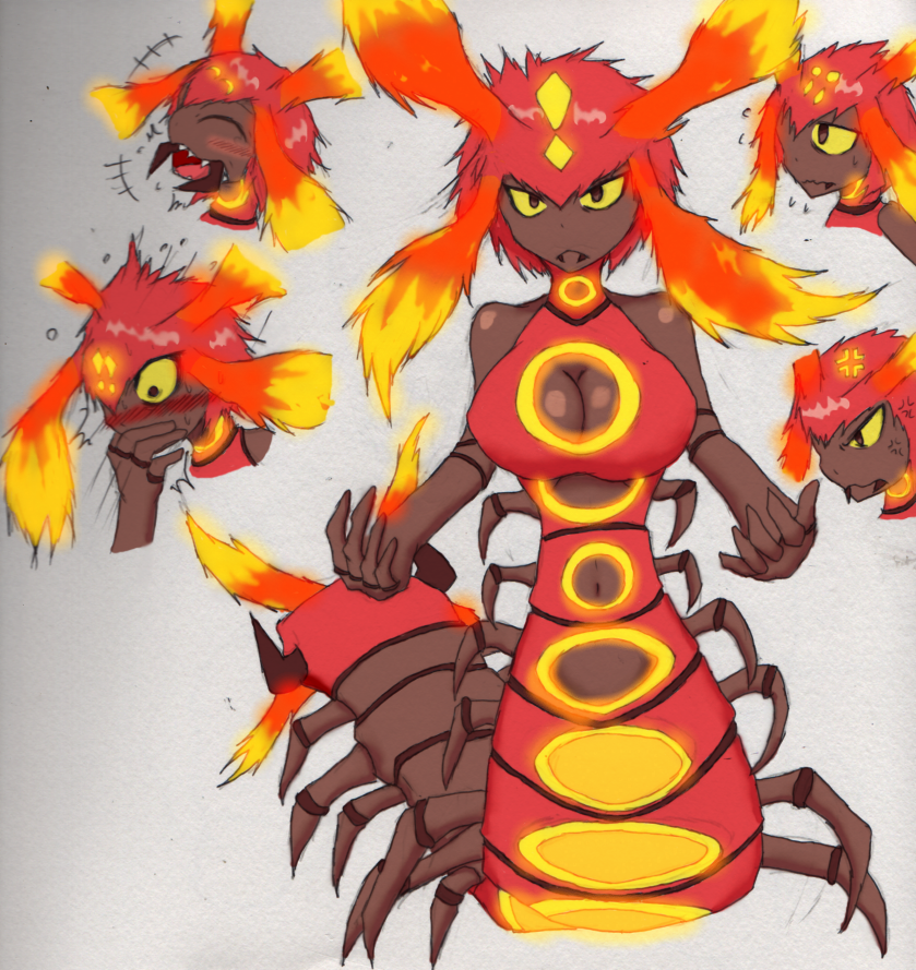 anthro arthropod big_breasts blush breasts centipede centiskorch character_sheet cleavage cleavage_cutout jingaizuki_mk2 multi_leg multi_limb pokémon_(species) pokemon tagme