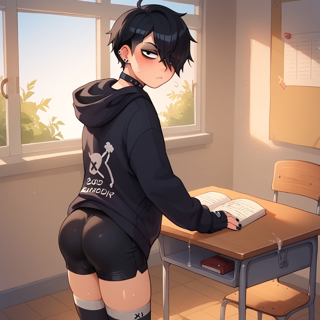 1boy, ai generated, ass, ass focus, black eyes, black hair, black nails, blush, brandon (shadman), choker, civitai, classroom, ear piercing, edgar (brawl stars), emo, eyebags, eyeliner, femboy, fingerless gloves, fusion, fusion character, goth, hair between eyes, hair over one eye, hoodie, indoors, light-skinned male, looking at viewer, looking back, male, male focus, male only, nail polish, precum, shorts, solo, stable diffusion, sweat, teenager, thighhighs