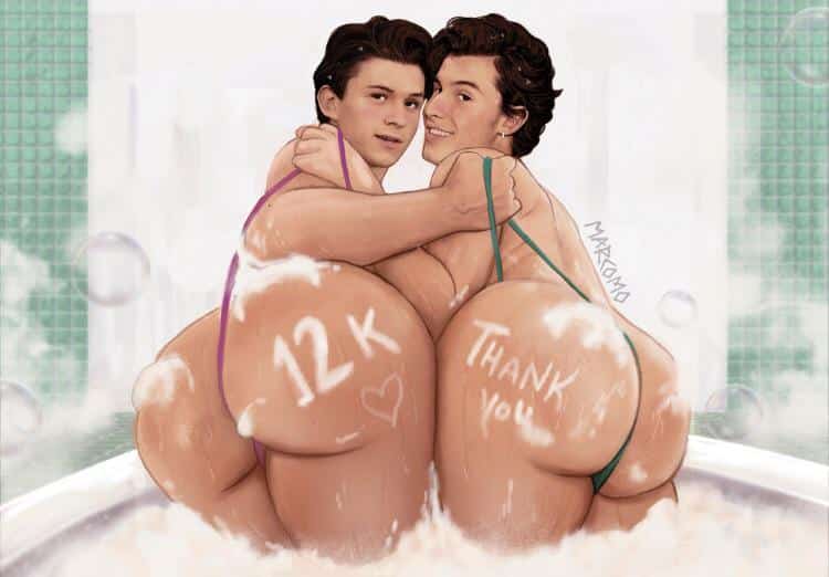 ass bubble_bath bubble_butt celebrity gay looking_at_viewer looking_back male/male marcomo shawn_mendes thong thong_pull tom_holland