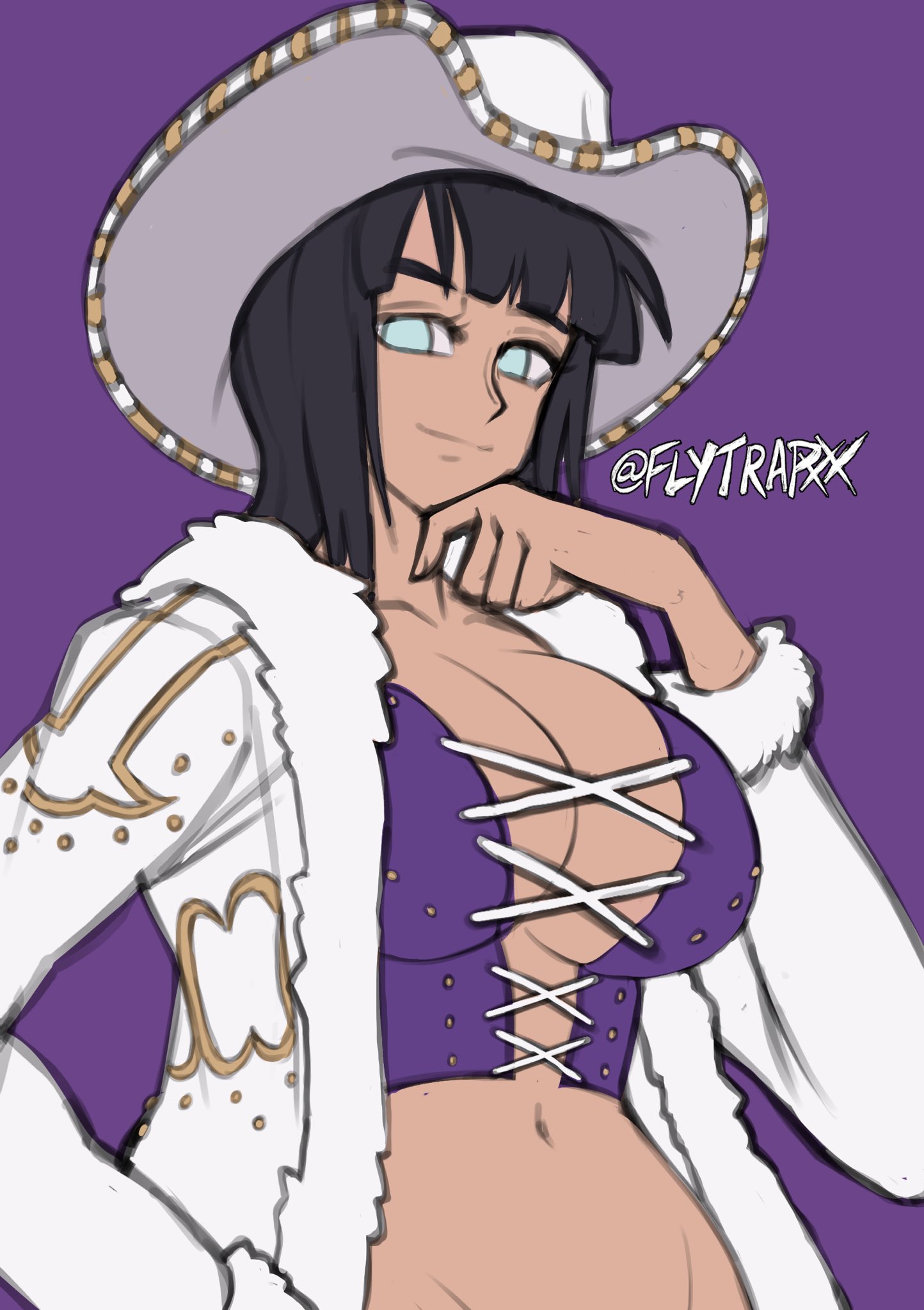 1girls, belly button, big breasts, black hair, black-haired female, blue eyes, breasts, bustier, corset, cowboy hat, female, female only, flytrapxx, fully clothed, fur coat, large breasts, long hair, looking at viewer, miss all sunday, navel, nico robin, one piece, pre-timeskip, shounen jump, slim, solo