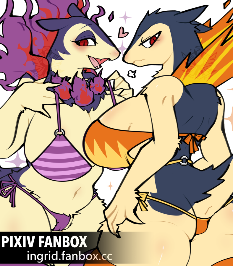 2d anthro barely_clothed belly_button blush cleavage english_text female female_focus female_only female_pokemon fire hisuian_typhlosion humanoid long_eyelashes looking_at_viewer milf nintendo open_mouth pokemon pokemon_(species) pokemon_only red_eyes snow_angel_(artist) text thick_thighs thighhighs typhlosion