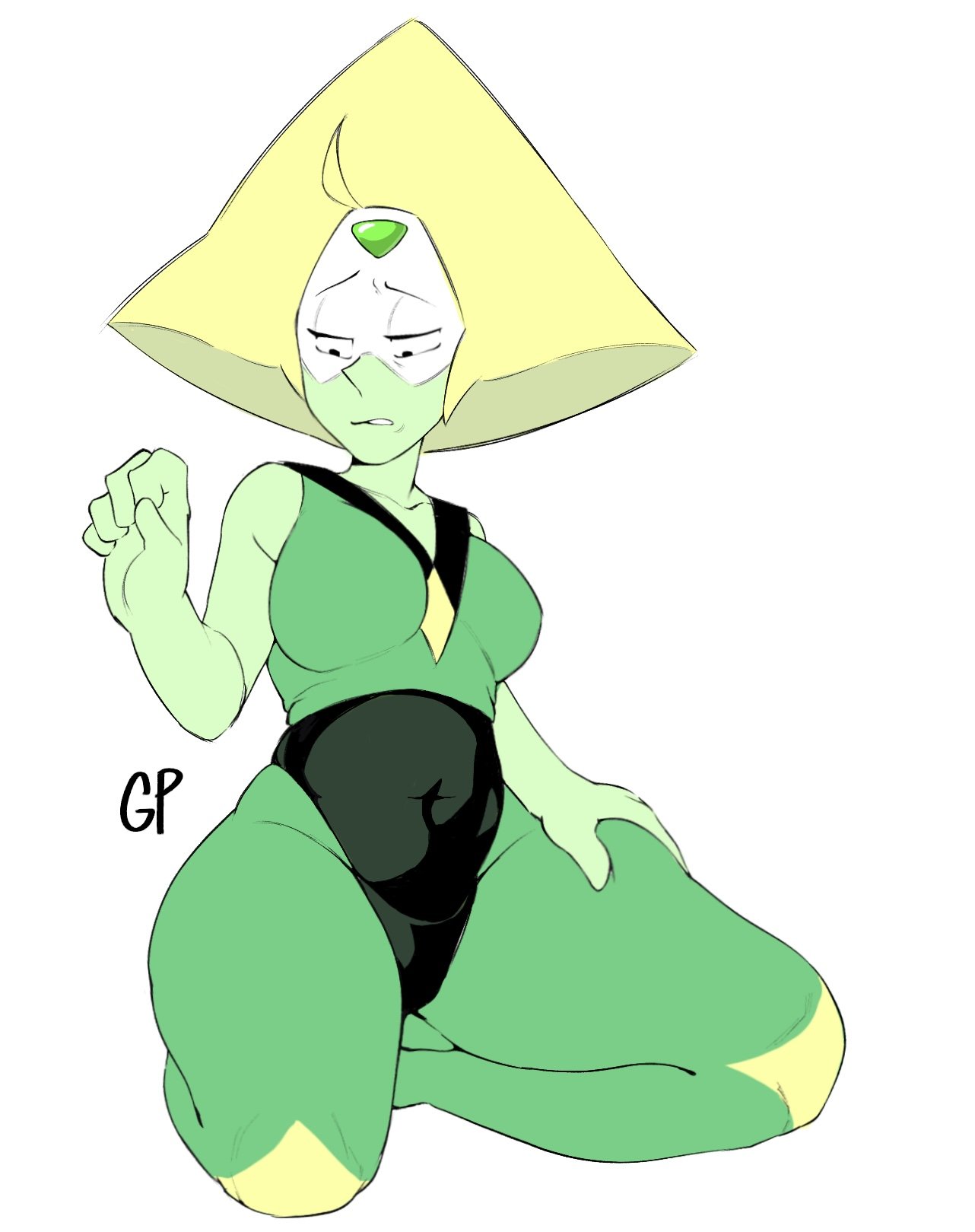 1girls, alien girl, arm up, big breasts, blonde hair, breasts, cartoon network, chubby, eyes half open, gem (species), green skin, hand on thigh, looking down, n12griffith, navel line, navel visible through clothes, on knees, peridot (steven universe), shortstack, skin tight, skindentation, solo, steven universe, thick thighs, tummy, unsure, visor, watermark, white background, wide hips