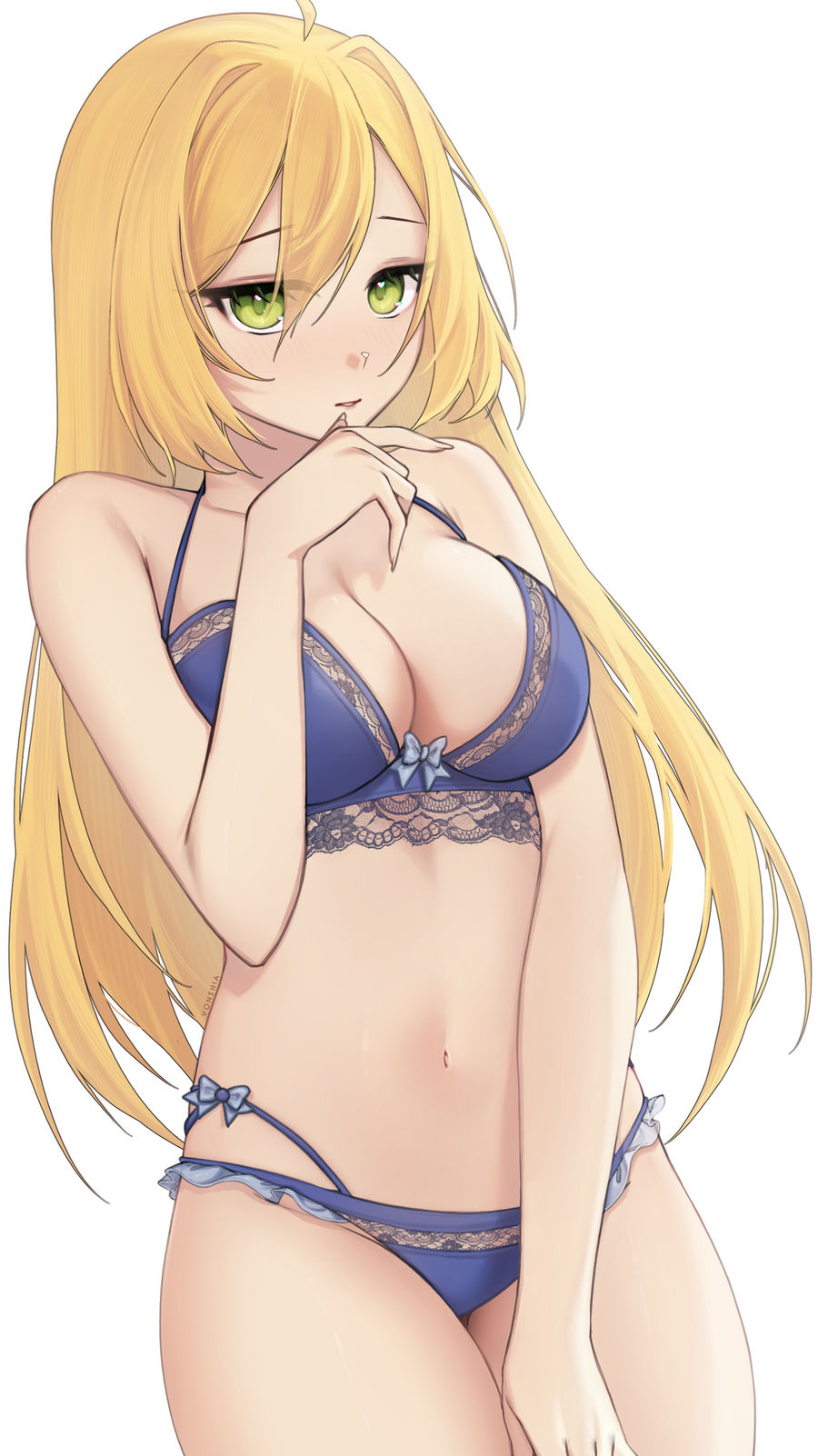 1girls, blonde hair, blue bra, blue lingerie, blue panties, bra, breasts, clothing, dokibird, dokibird (1st costume), female, green eyes, indie virtual youtuber, lace-trimmed bra, lace-trimmed panties, legs together, lingerie, lingerie only, long hair, matching underwear, panties, plain background, twitter link, virtual youtuber, vonshia, yellow hair