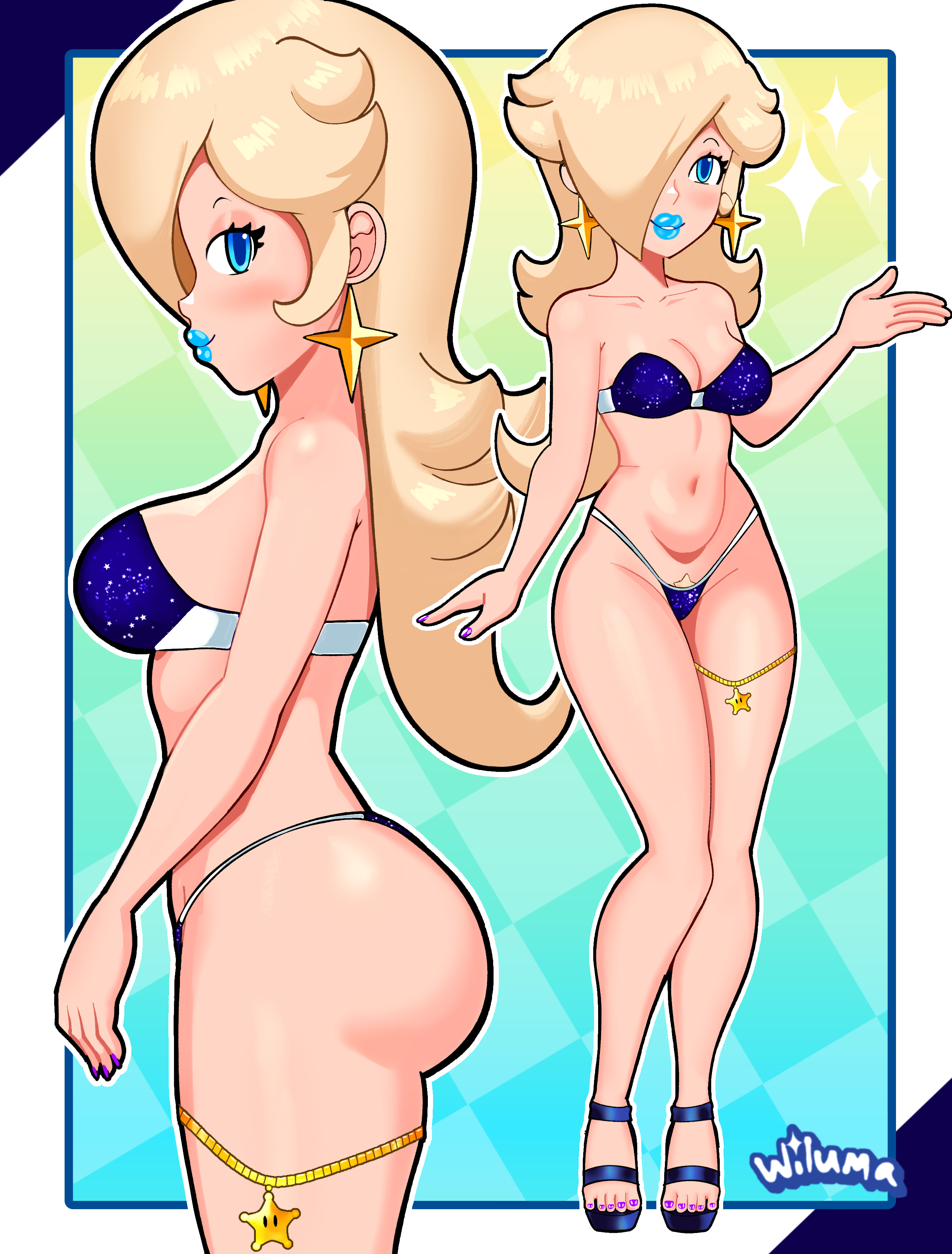 1girls, alternate costume, alternate version available, ass, big breasts, big lips, bimbo, bimbo lips, blonde hair, blonde pubic hair, blue bra, blue eyes, blue lips, blue lipstick, blue panties, bottomwear, bra, breasts, close-up, clothing, cyan lips, cyan lipstick, ear piercing, earrings, female, female only, footwear, full body, hair, heels, high heels, legwear, lips, lipstick, mario (series), nail polish, nails, nintendo, panties, princess rosalina, pubes, pubic hair, pubic hair peek, purple nails, side view, sideboob, solo, solo female, sparkles, star earrings, thick lips, thigh strap, toenail polish, toenails, topwear, wiluma