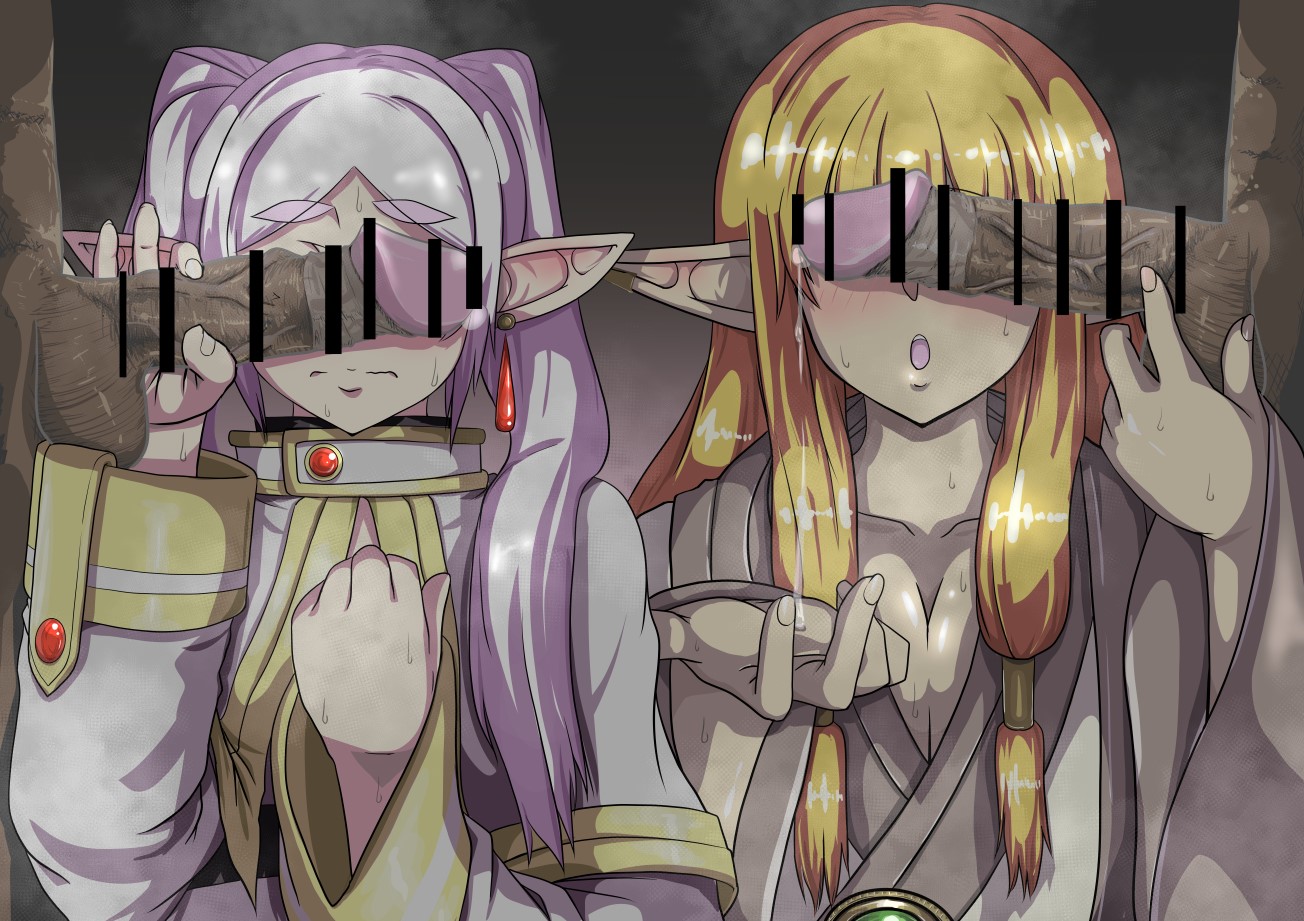 2boys, 2girls, blonde hair, cant see the haters, dark skin, dark-skinned male, elf, elf ears, elf female, erection, female, frieren, handjob, huge cock, interracial, male, multiple boys, multiple females, multiple girls, multiple males, multiple penises, penis, pointy ears, precum, serie (sousou no frieren), sex, sousou no frieren, veiny penis, white hair