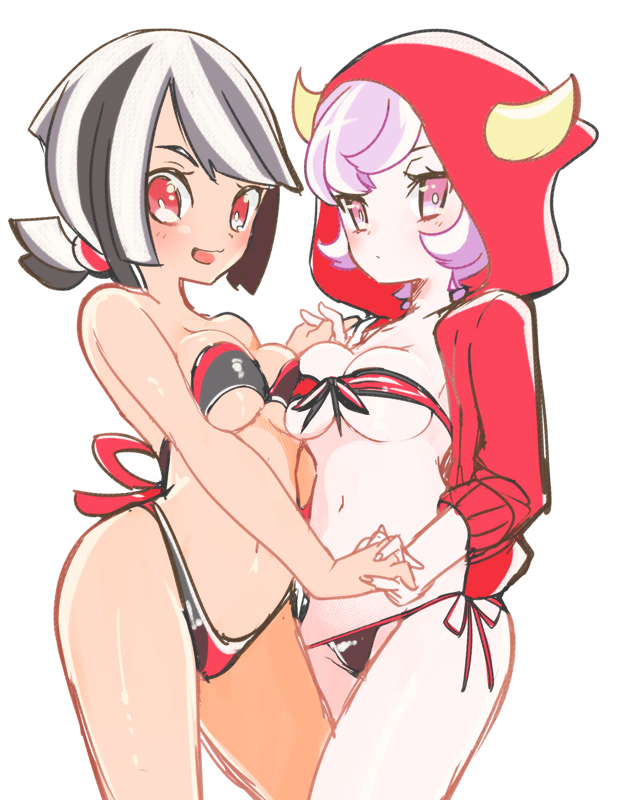 2girls bad_censor black_hair blush breasts censored chocolate_and_vanilla chorimokki courtney_(pokemon) covered_nipples covering female female_only human looking_at_viewer multiple_girls nintendo open_mouth pink_hair pokemon pokemon_oras pokemon_rse red_eyes short_hair short_ponytail simple_background smile swimsuit white_background zinnia_(pokemon)