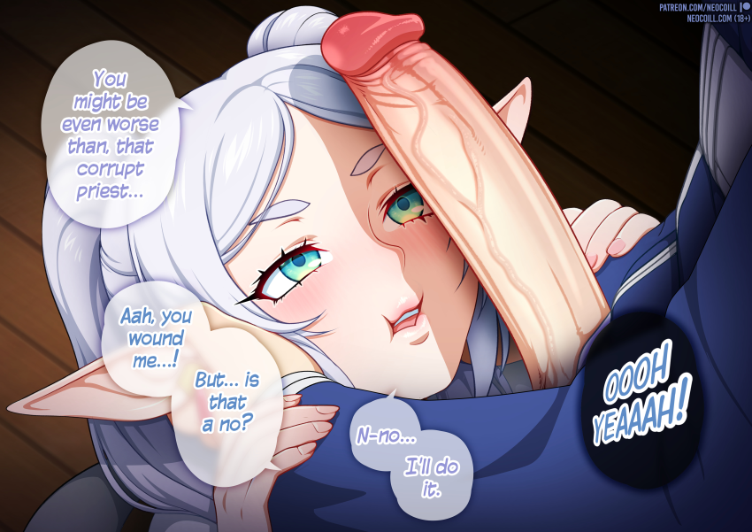 1boy 1boy1girl 1girls aroused big_ears big_penis blue_eyes blush cheek_squish clothed_sex dialogue ear_grab ear_jewelry ear_piercing earring earrings elf elf_ears elf_female elf_girl female female_elf frieren hand_on_another's_head hand_on_head hands_on_another's_head hands_on_head head_grab himmel_(sousou_no_frieren) imminent_oral imminent_sex jewelry light-skinned_female long_ears looking_pleasured male male_human/female_elf neocoill pale-skinned_female penis penis_vein pointy_ears sex sousou_no_frieren speech_bubble twintails variant variant_set vein veins veiny veiny_penis white_hair