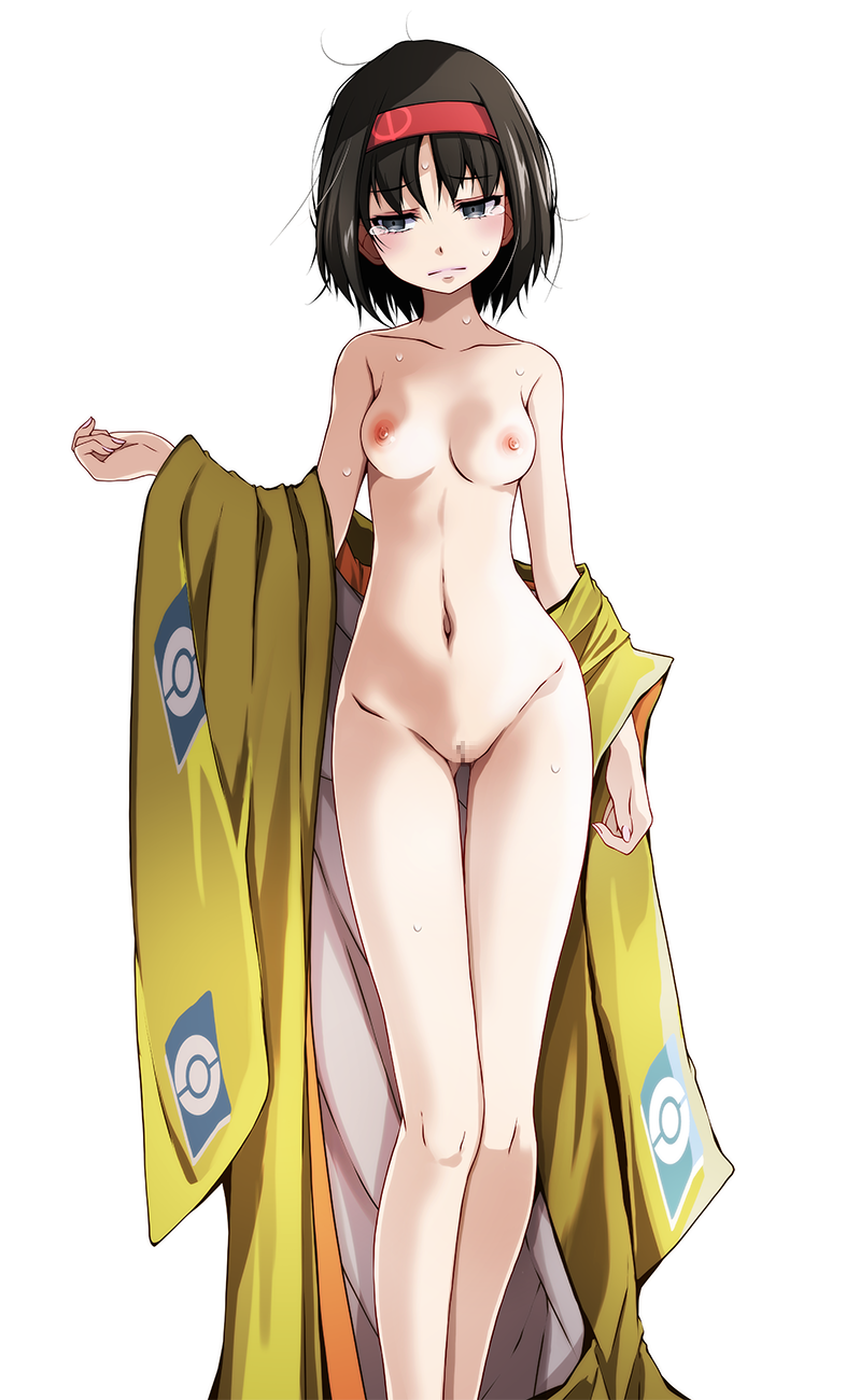 bad_id black_hair breasts censored cleft_of_venus collarbone commentary_request erika_(pokemon) female gym_leader hairband highres japanese_clothes kimono looking_at_viewer looking_to_the_side medium_breasts mosaic_censoring navel nintendo nipples pokemon pokemon_rgby pussy red_hairband short_black_hair short_hair simple_background solo standing sweat tears tsukishiro_saika white_background yellow_kimono