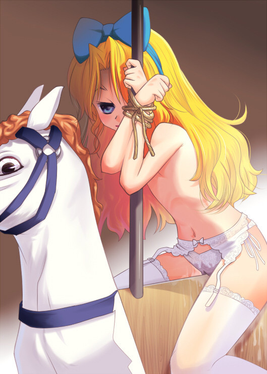 arms tied, blonde hair, blue eyes, bondage, female, flat chest, hair ribbon, humiliation, lingerie, meow (artist), panties, pussy, pussy juice, pussy juice stain, tied to pole, topless, torture, wet, wet panties, wooden horse