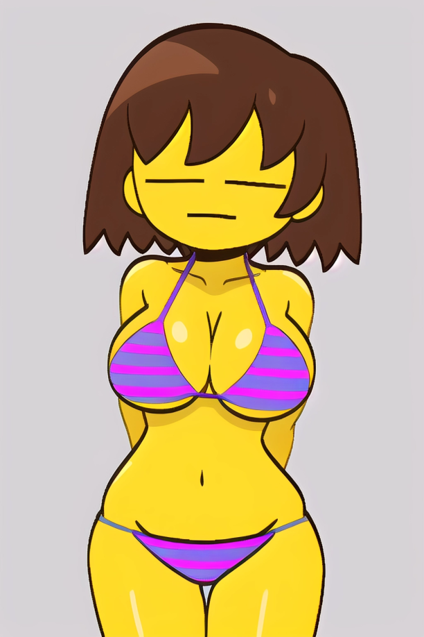 1girls ai_generated arms_behind_back bangs big_breasts bikini blank_expression bobcut brown_hair closed_eyes curvy female female_frisk frisk frisk_(undertale) pixai purple_background simple_background slim_waist solo striped_bikini undertale undertale_(series) yellow_skin