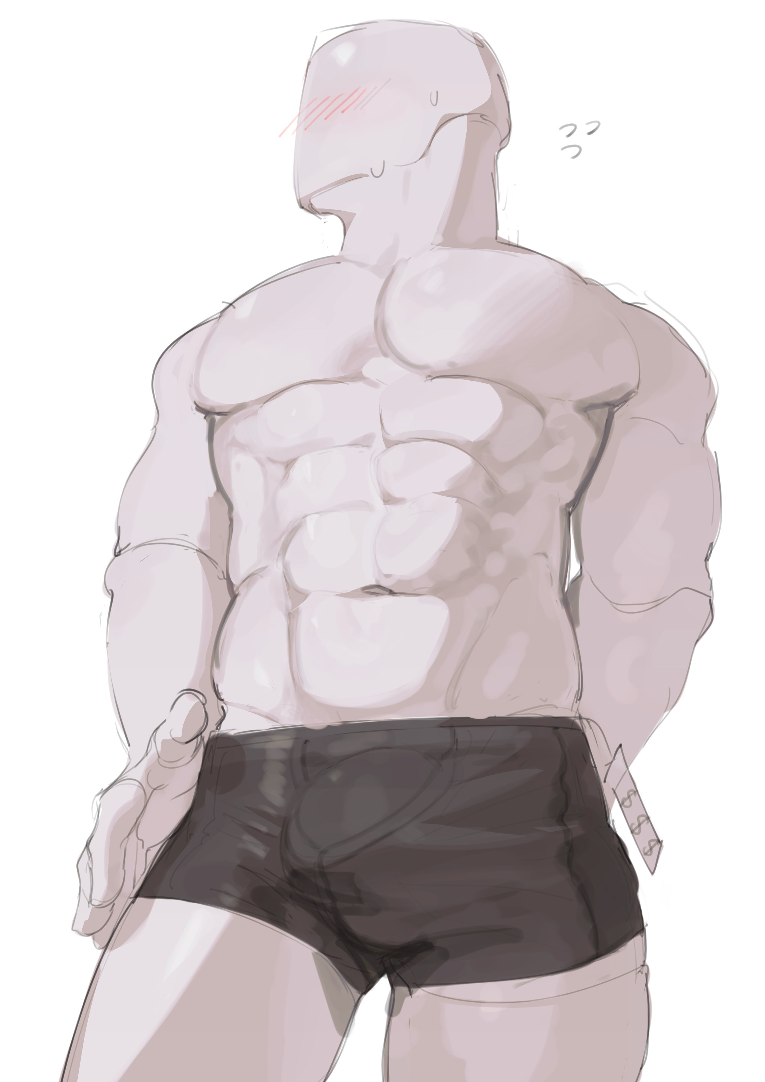 abs, absurd res, animate inanimate, anthro, bara, blush, bodily fluids, bulge, bulge through clothing, clothed, clothing, digital media (artwork), embarrassed, faceless, faceless male, front view, gay, gay male, glistening, glistening body, hi res, kogito, looking away, low-angle view, male, male only, mannequin, muscular, muscular male, navel, nervous, pectorals, posing, shy, simple background, solo, solo male, sweat, sweatdrop, sweating, underwear, underwear only, white body, yaoi