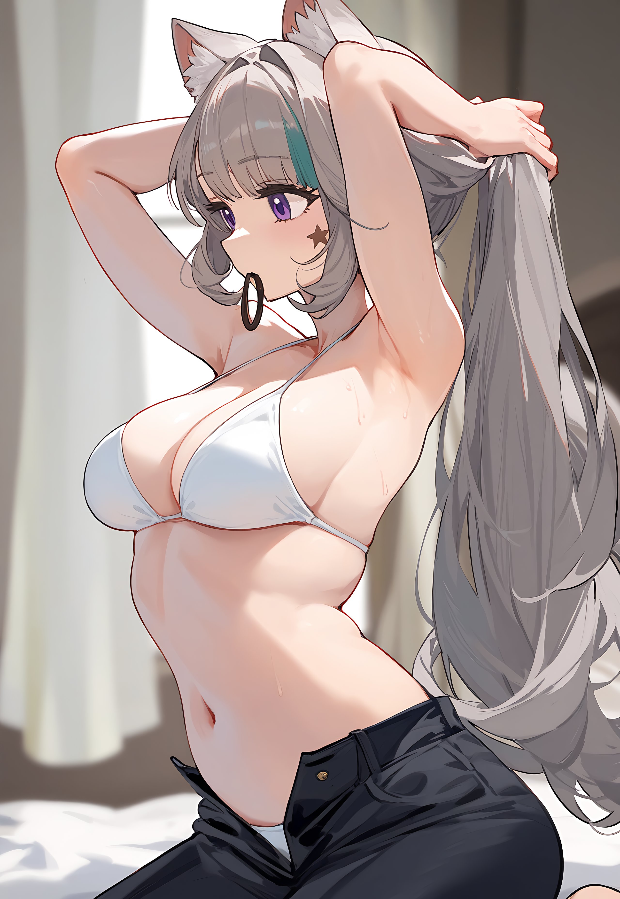 1girls, adjusting hair, ai generated, armpits, bikini top, breasts, cat ears, cat girl, catgirl, female, female only, genshin impact, green hair, lynette (genshin impact), medium breasts, nai diffusion, ponytail, purple eyes, sideboob, solo