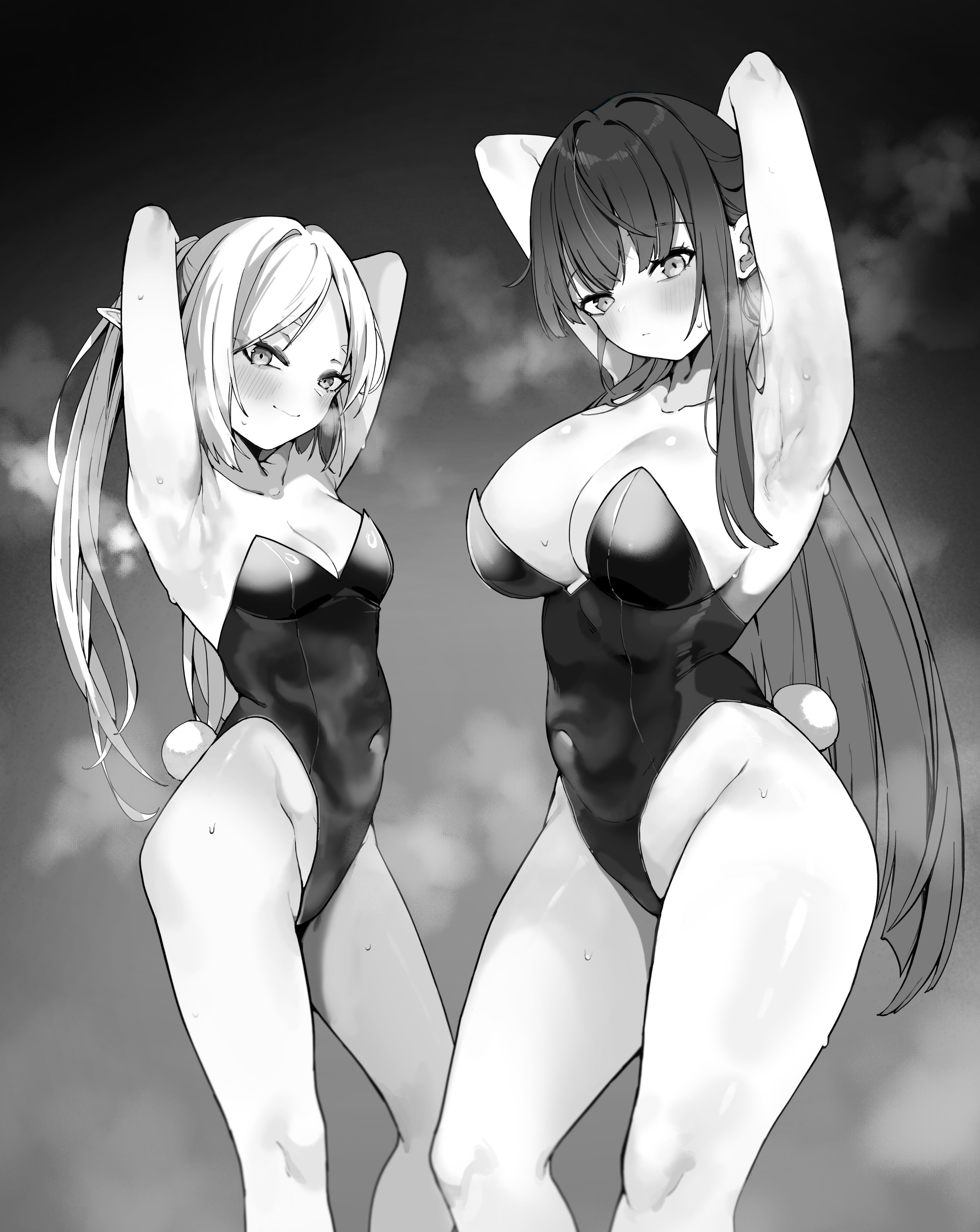 2girls, big breasts, breasts, bunny ears, bunnysuit, female, female only, fern (sousou no frieren), frieren, higher resolution available, mac (pixiv31869137), monochrome, multiple females, multiple girls, pixy1234567891, small breasts, sousou no frieren, thick thighs