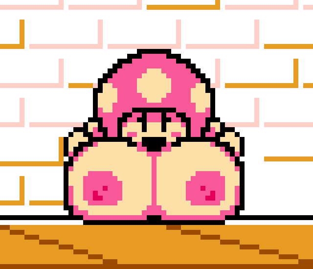 1girls artstyle_imitation big_breasts bit-fruity blush breasts breasts_bigger_than_head female female_only humanoid large_breasts light-skinned_female light_skin limited_palette looking_at_viewer mario_(series) mushroom_humanoid nintendo nipples no_nose pixel_art solo style_parody super_mario_bros._3 tits_out toadette