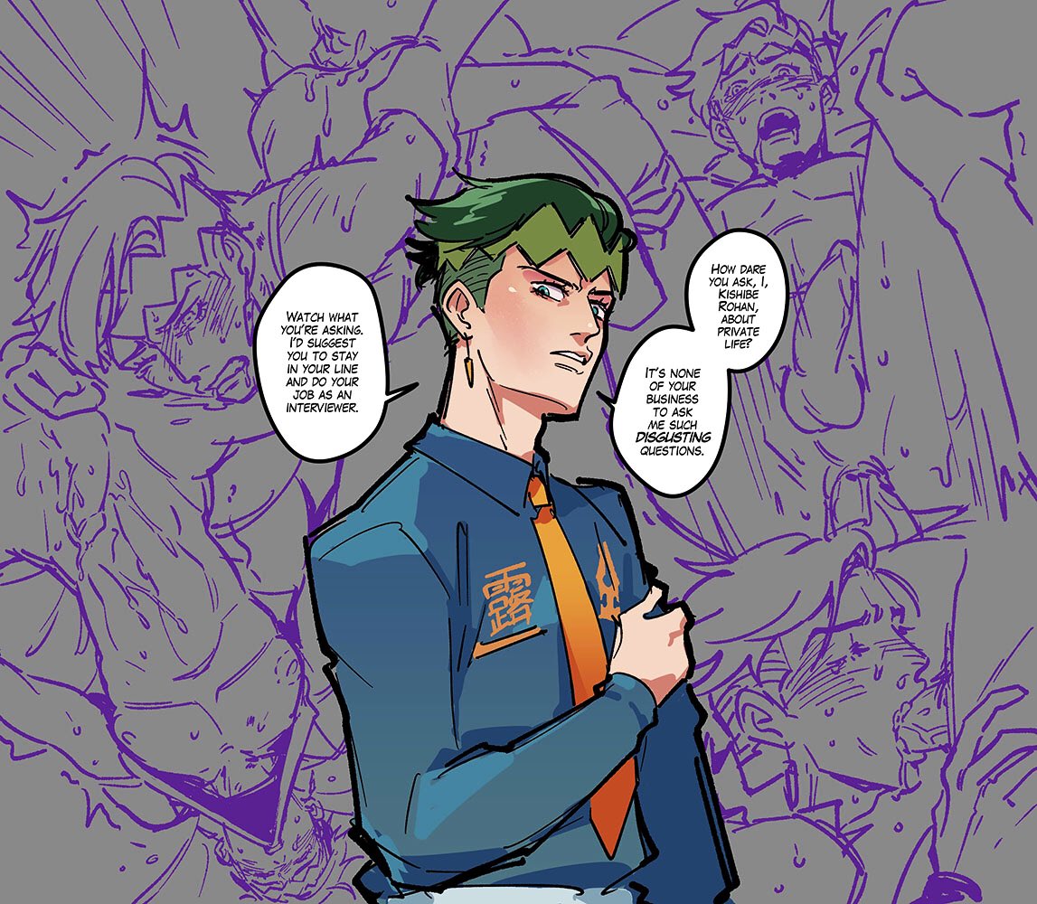 1boy, anal, anal sex, angry, ass, bite mark, blowjob, blush, crying, cum in ass, cum in mouth, cum on body, diamond is unbreakable, drooling, earrings, english text, from behind, funny, gay, humor, instant loss, instant loss 2koma, insult, irony, jojo's bizarre adventure, male, male only, missionary position, multiple positions, oral, rohan kishibe, solo male, yaoi