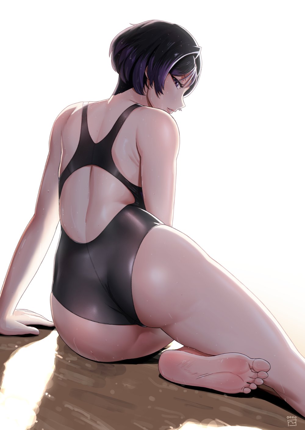 1girls anime_style barefoot big_ass black_and_purple_hair feet female female_only finalcake foot_fetish fully_clothed namco one-piece_bikini reina_mishima solo swimsuit tagme tekken tekken_8 toes white_background