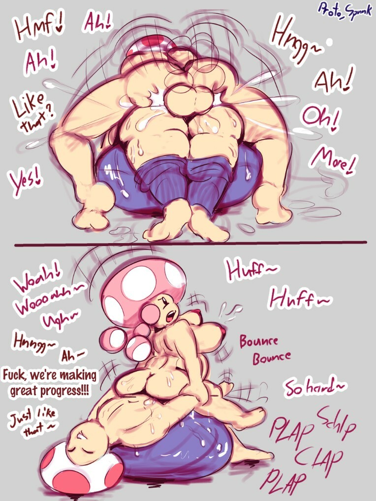 1boy, 1girls, abs, areolae, ass, big ass, bigger male, breasts, breasts out, chubby female, exercise ball, female, genital fluids, juices, male, male penetrating female, mario (series), muscular, muscular male, naked, naked female, naked male, nintendo, part of a set, penis, plap (sound), plump, proto spunk, riding penis, shortstack, smaller female, sweat, sweating, tagme, tdt, toad (mario), toadette, yoga ball